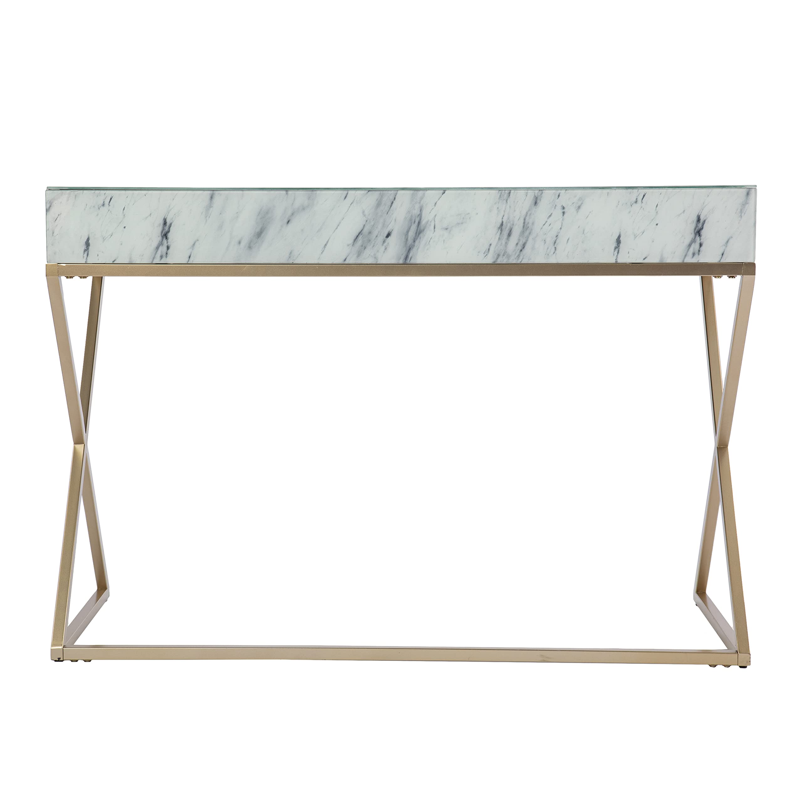 SEI Furniture Kamblemore White Faux Marble Writing Desk with Storage Drawers - Modern Home Office Desk for Small Spaces, Study & Workstation