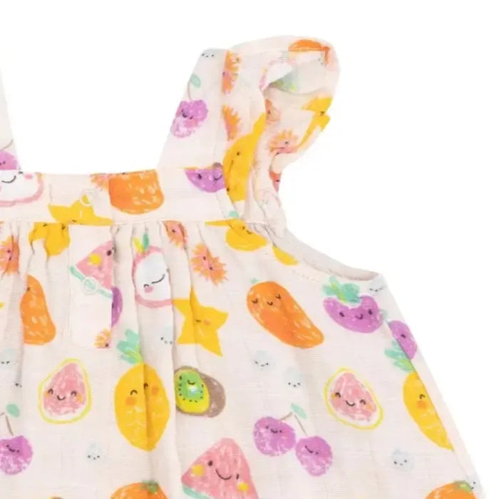 Angel Dear Organic Ruffle Sleeve Baby Dress with Bloomer Set - Tropical Fruit Print - Soft Cotton Outfit for Girls' Photoshoot, Birthday Party & Special Occasions