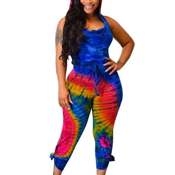 Tie Dye Caribbean Backless Jumpsuit for Women - Boho Beach Cover Up, Summer Festival Outfit, Vacation Romper