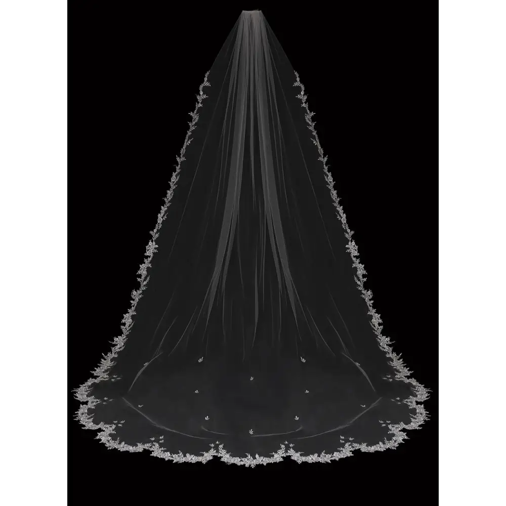 Royal Cathedral Bridal Veil with Lace Trim | Elegant Wedding Veil for Brides | Perfect for Church, Cathedral & Formal Weddings (Style V2389RC)