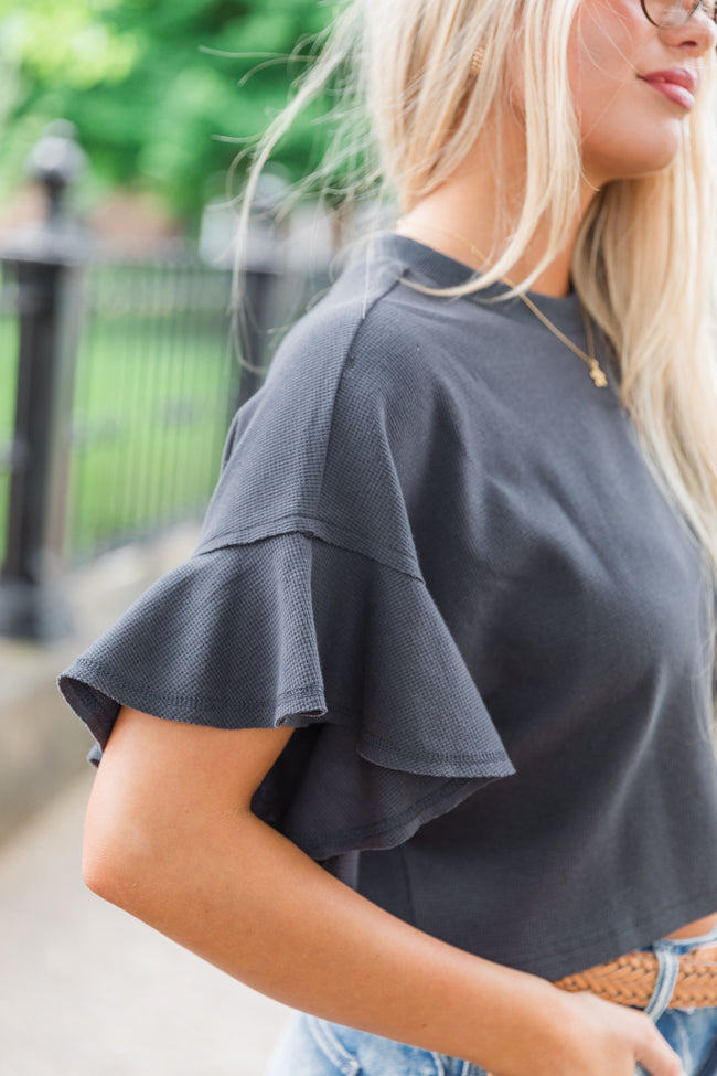 Embrace The Journey Charcoal Waffle Crop Tee - Women's Casual Short Sleeve T-Shirt for Yoga, Travel & Everyday Wear | Final Sale