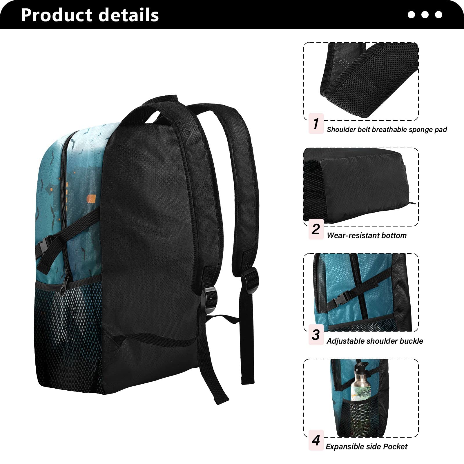 Halloween Themed Castle Wolf Bat Moon Hiking Backpack - 20L Lightweight Waterproof Daypack for Outdoor Travel, Camping & Trick-or-Treating | Perfect for Costume Parties, Haunted Trails & Adventure Trips