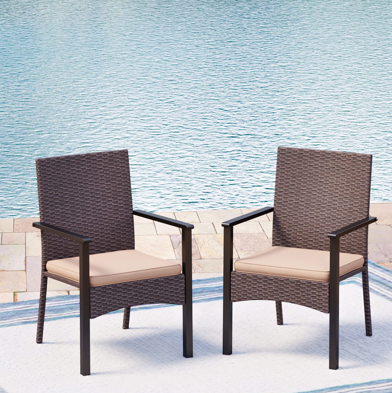 2-Piece Rattan Patio Dining Chairs Set - Weather-Resistant Wicker Outdoor Chairs with Sturdy Metal Frame & Comfortable Cushions - 350lbs Weight Capacity - Perfect for Patio, Garden, Backyard, Lawn & Outdoor Dining
