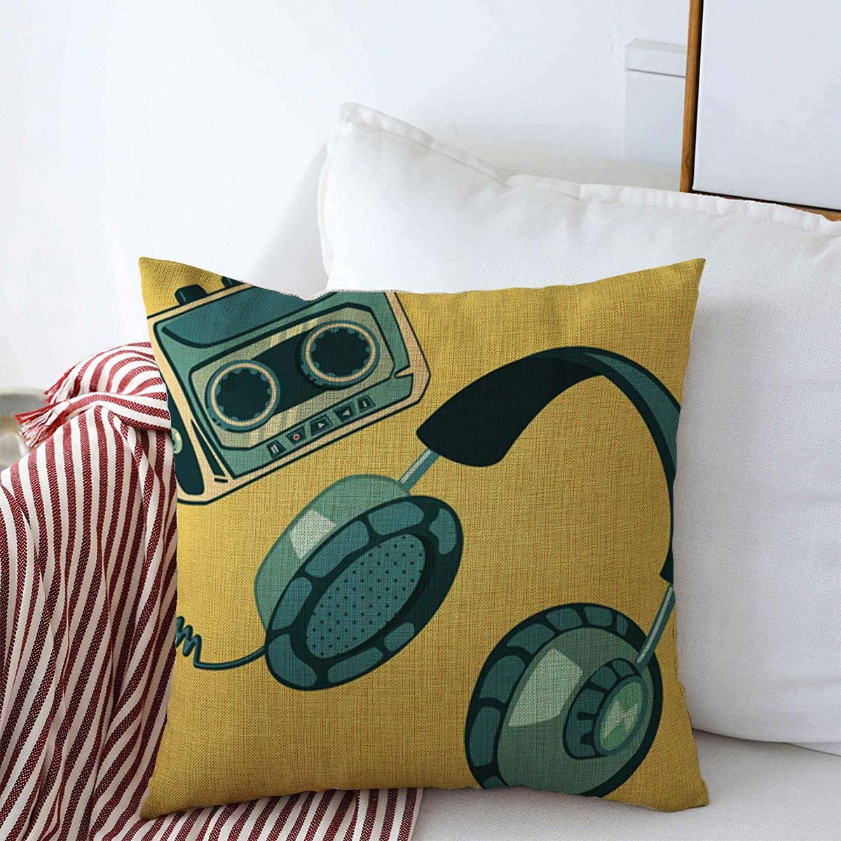 Retro Cassette Headphones Throw Pillow Cover 18x18 Inch - 80s 90s Music Player Design, Yellow Tape Decorative Cushion Case for Farmhouse & Home Decor | Perfect for Living Room, Bedroom, Dorm Music Theme Decor