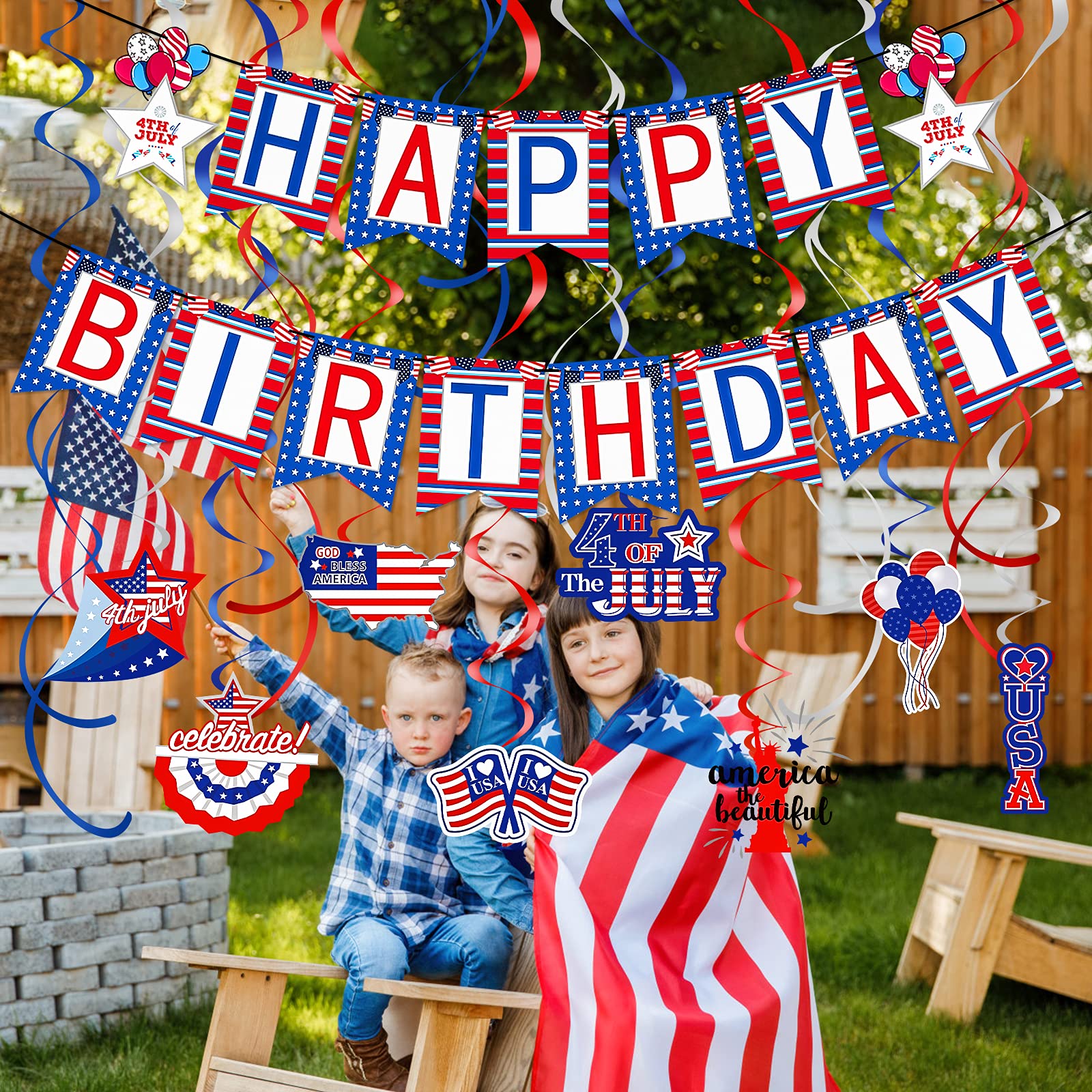 Red White and Blue 4th of July Happy Birthday Banner - Patriotic Independence Day Party Decorations for USA National Day Celebrations, Backyard BBQs & Festive Home Decor