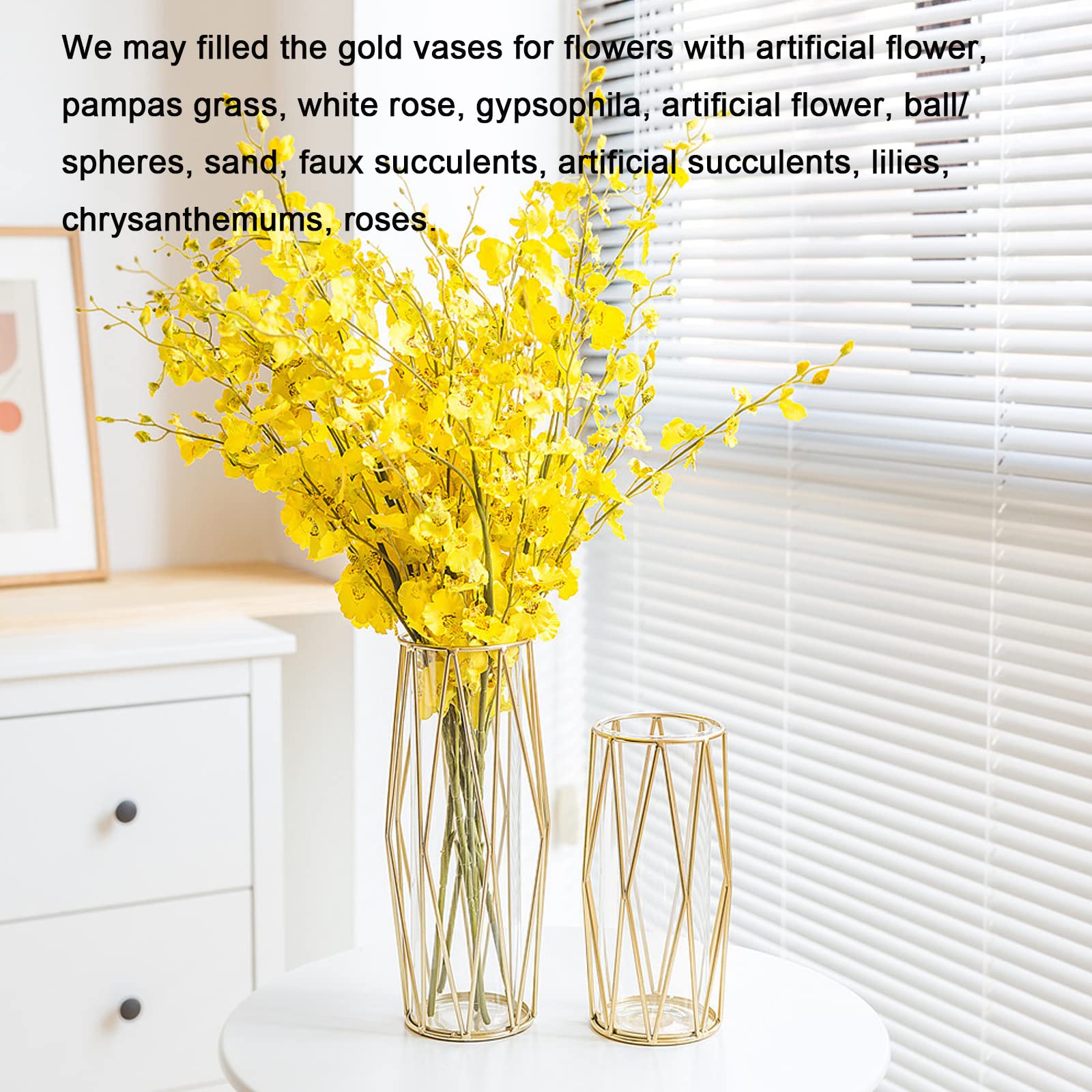 Elegant Gold Flower Vases with Geometric Metal Stand - Modern Centerpiece Terrarium Crystal Vase for Pampas Grass, Home Decor, Dining Table, Shelf Display & Wedding Decorations (10.6