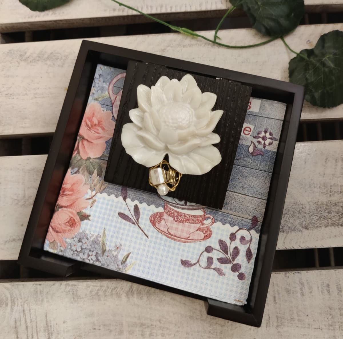 Wooden MDF Flat Napkin Holder for Dining Table - Weighted Flap Cocktail Tissue Paper Stand, Stylish Lotus Design for Home, Restaurant & Party Decor