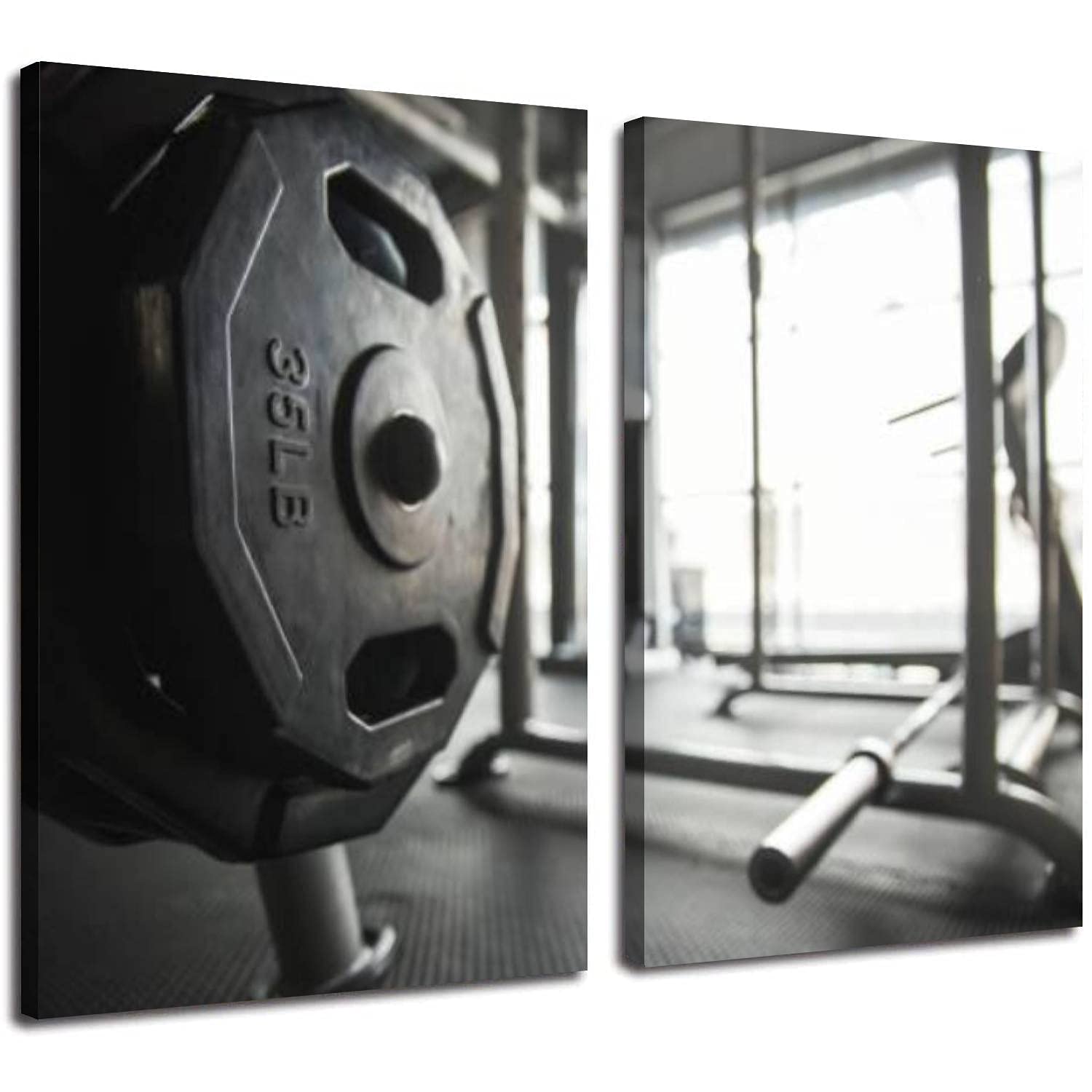 POTAETWL 2 Panel Canvas Wall Art - Gym Equipment & Weightlifting Barbell with Treadmill Painting - Modern Home Decor for Office, Living Room & Kitchen (24x36 Inches) - Perfect for Fitness Enthusiasts & Gym Themed Spaces