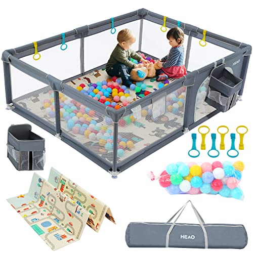 HEAO Baby Playpen with Mat & Storage Bag - 79x59 Inch Large Playard for Toddlers, Includes 30PCS Pit Balls - Sturdy & Safe Playpen for Babies - Dark Grey - Perfect for Indoor Playtime, Daycare, and Home Use