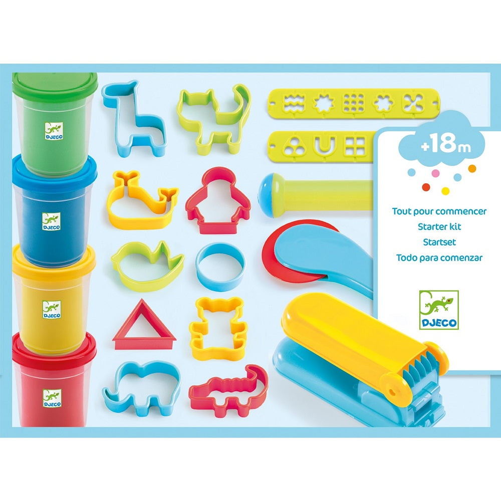 Djeco Play Dough Starter Set - 4 Colorful Non-Toxic Playdough Tubs & 15 Creative Tools for Kids | Perfect for Sensory Play, Arts & Crafts, and Early Childhood Development