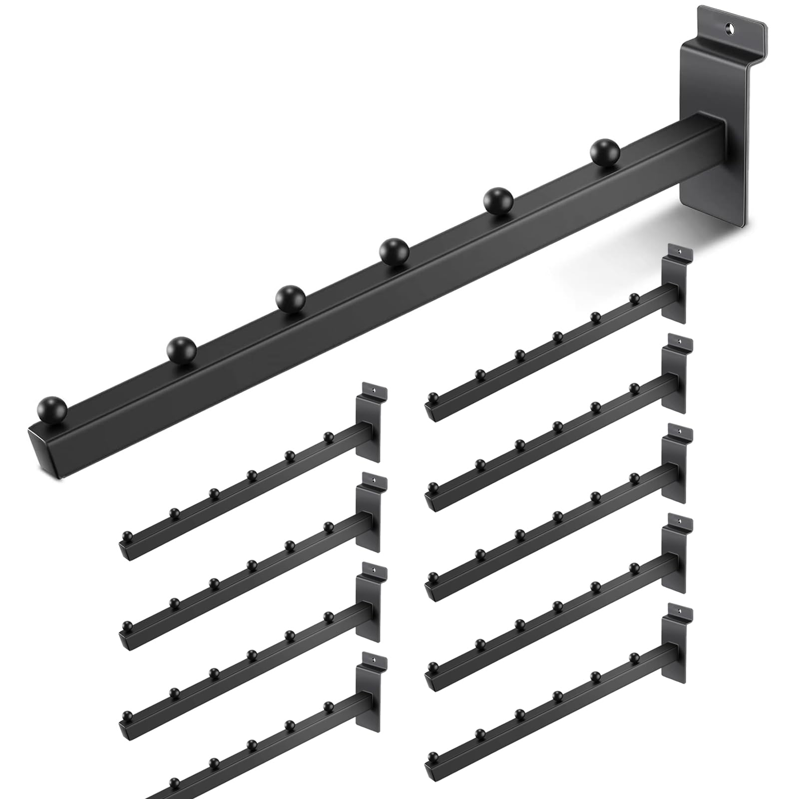 10 Pack Heavy Duty 15.75 Inch 6 Ball Waterfall Slatwall Hooks - Metal Retail Display Hooks for Clothing, Garage & Shop Organization - Black Slat Wall Accessories (Perfect for Retail Stores, Boutiques & Garage Storage)
