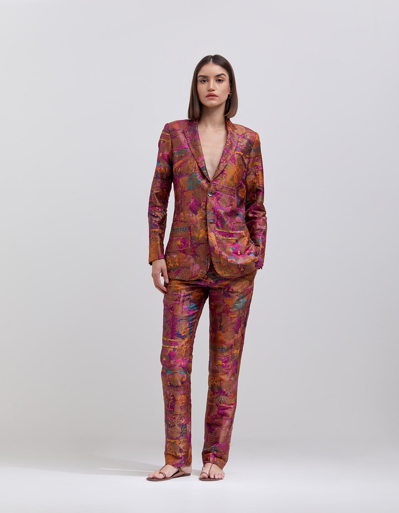 Elegant Purple Silk Brocade Boot Cut Trousers for Women - Perfect for Office Wear, Evening Events & Special Occasions