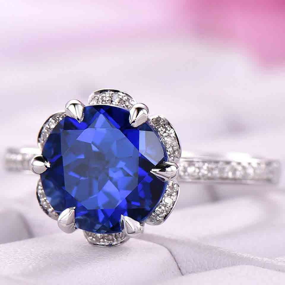 7mm Round Cut Sapphire Engagement Ring in 14k White Gold with Diamond Band - Half Eternity Bridal Wedding Ring, Birthstone Gift, Pave Set Art Deco Halo - Perfect for Proposals, Anniversaries & Special Occasions