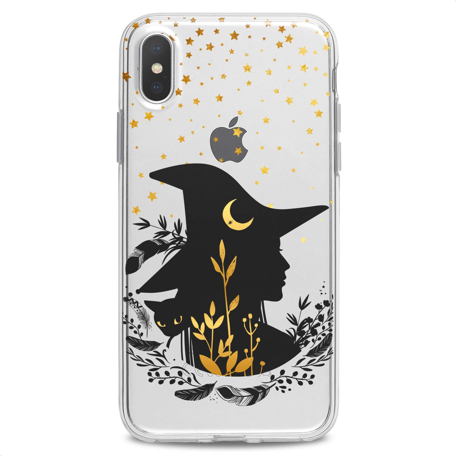 Bohemian Witch Clear Night TPU Phone Case for iPhone 16/15/14/13/12/11 Pro Max/Plus/Mini/XS/XR/X/8+/7/6/5/SE - Magical Cute Slim Golden Stars & Black Cat Design Flexible Silicone Cover | Perfect for Women's Fashion, Daily Protection & Gift Giving
