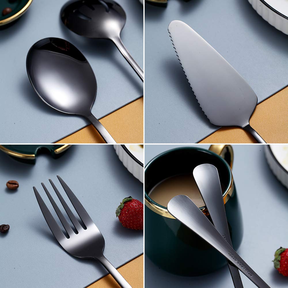 Premium 10-Piece Stainless Steel Flatware Serving Set - Black Kitchen Utensils with Slotted Spoon, Cake Server, Fork & Soup Ladle - Perfect for Dinner Parties, Catering & Home Entertaining