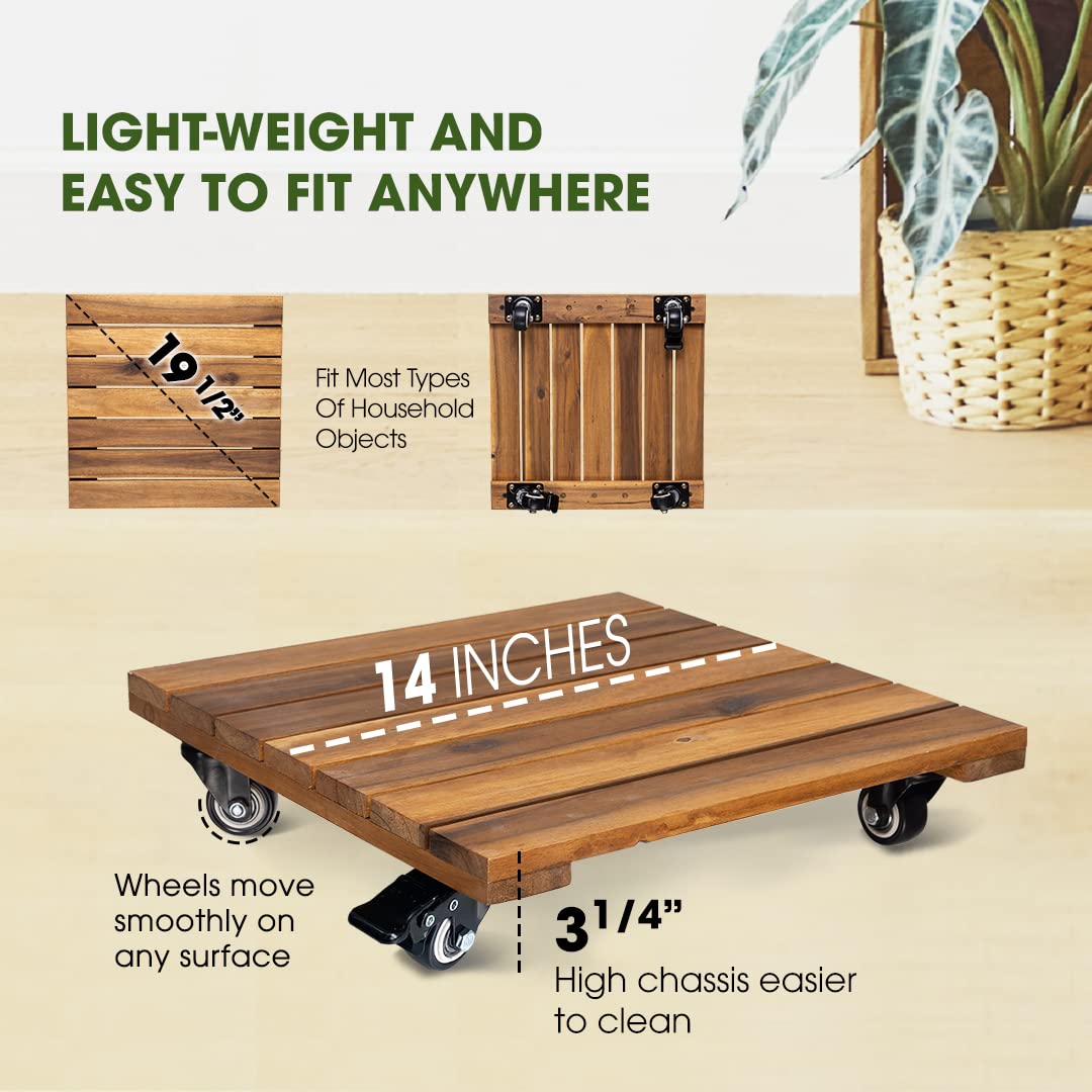 Idzo 2-Pack 14 Inch Heavy Duty Wood Plant Caddy with 360° Lockable Wheels - 264 lbs Capacity Acacia Hardwood Rolling Stand for Large Plant Pots, Indoor & Outdoor Use - Perfect for Moving Heavy Plants on Decks, Patios and Gardens