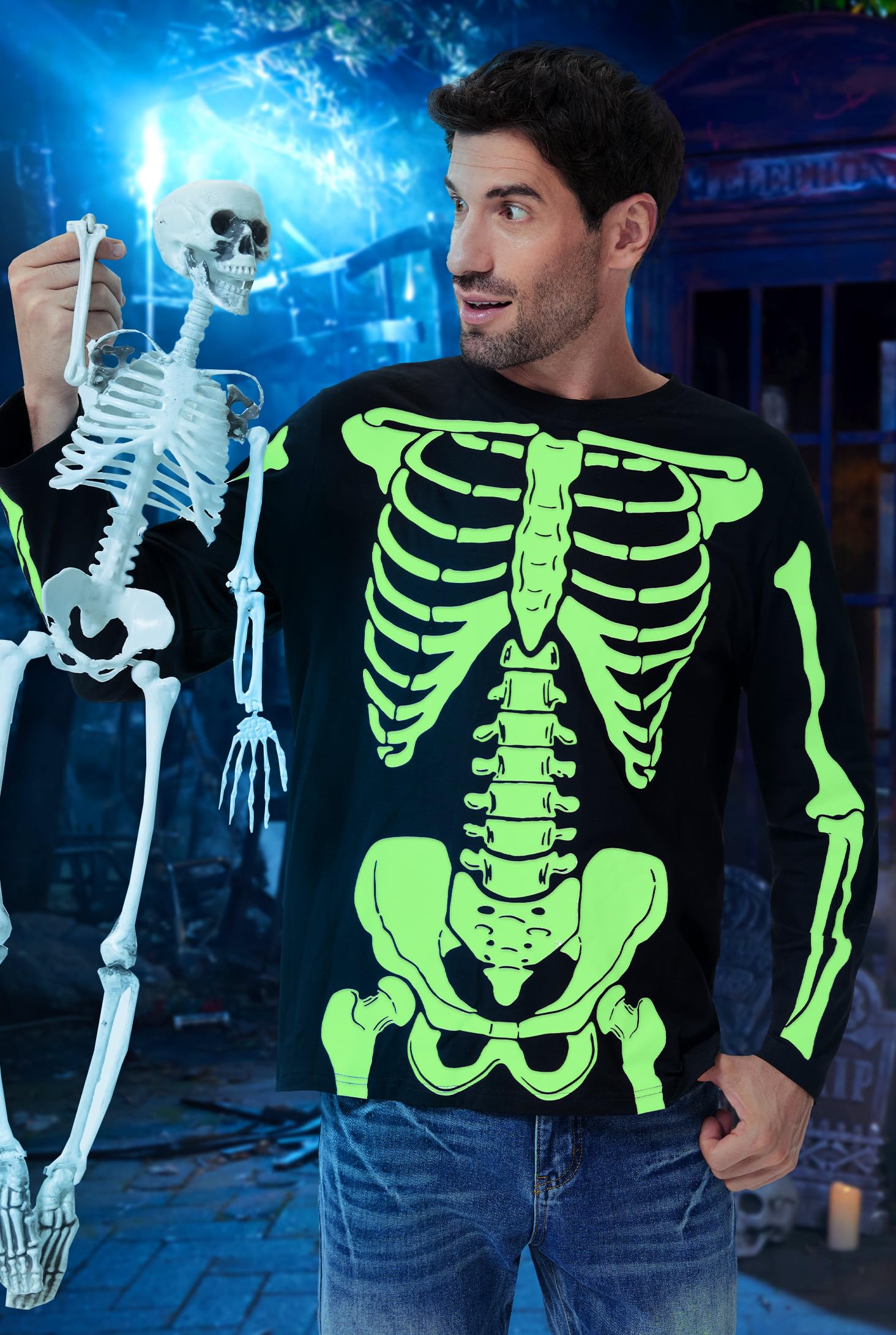 Arvilhill Men's Halloween T-Shirt - Jack O' Lantern Skeleton Design Long Sleeve Shirt | Glow in The Dark | Sizes S-3XL | Perfect for Halloween Parties, Costume Events & Spooky Night Outfits