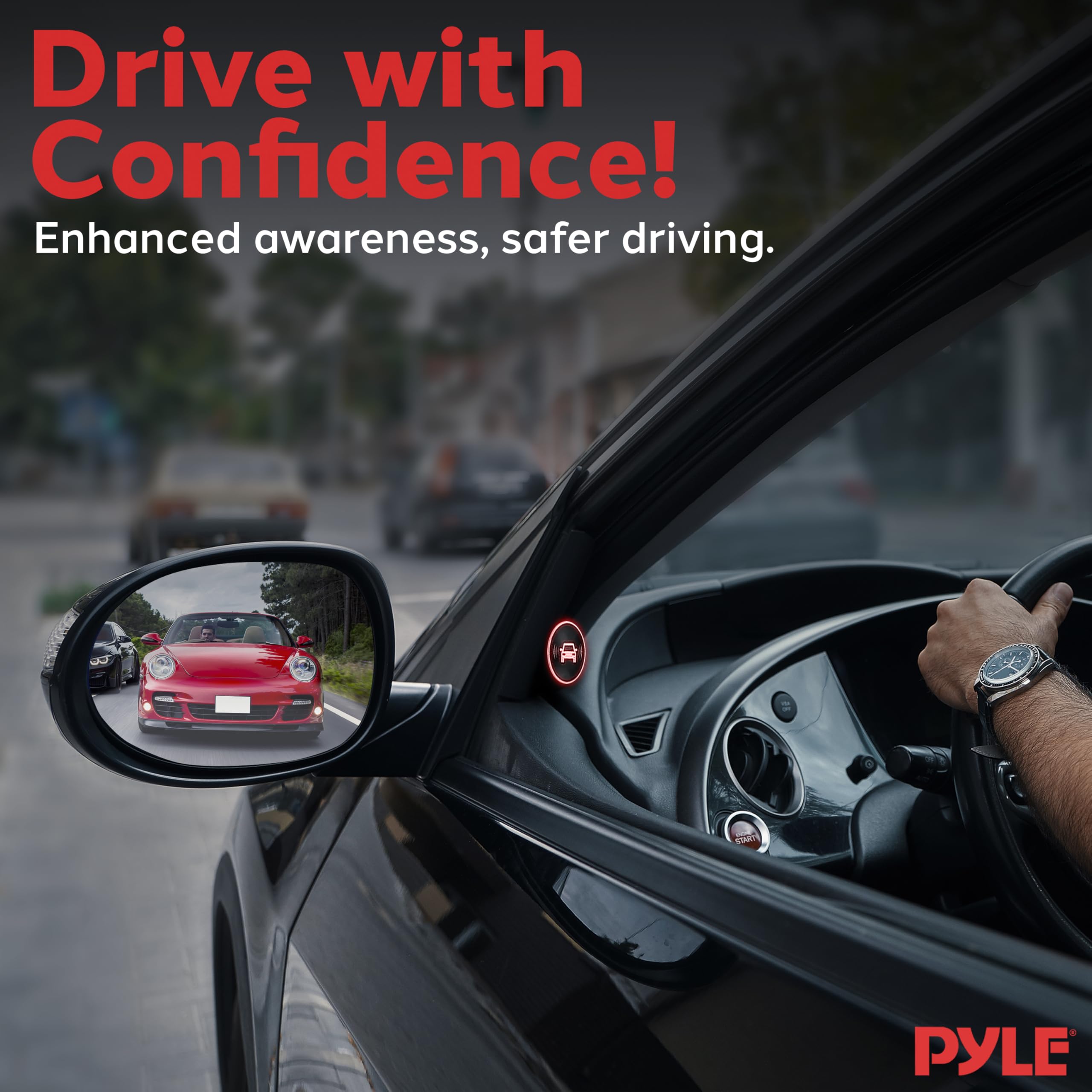Pyle Ultrasonic Blind Spot Detection System - BSD & BSA BSM Lane Change Assistant with Reverse Parking, 5M Range, LED & Buzzer Alerts - Enhanced Car Driving Safety for Highway, City & Parking Scenarios