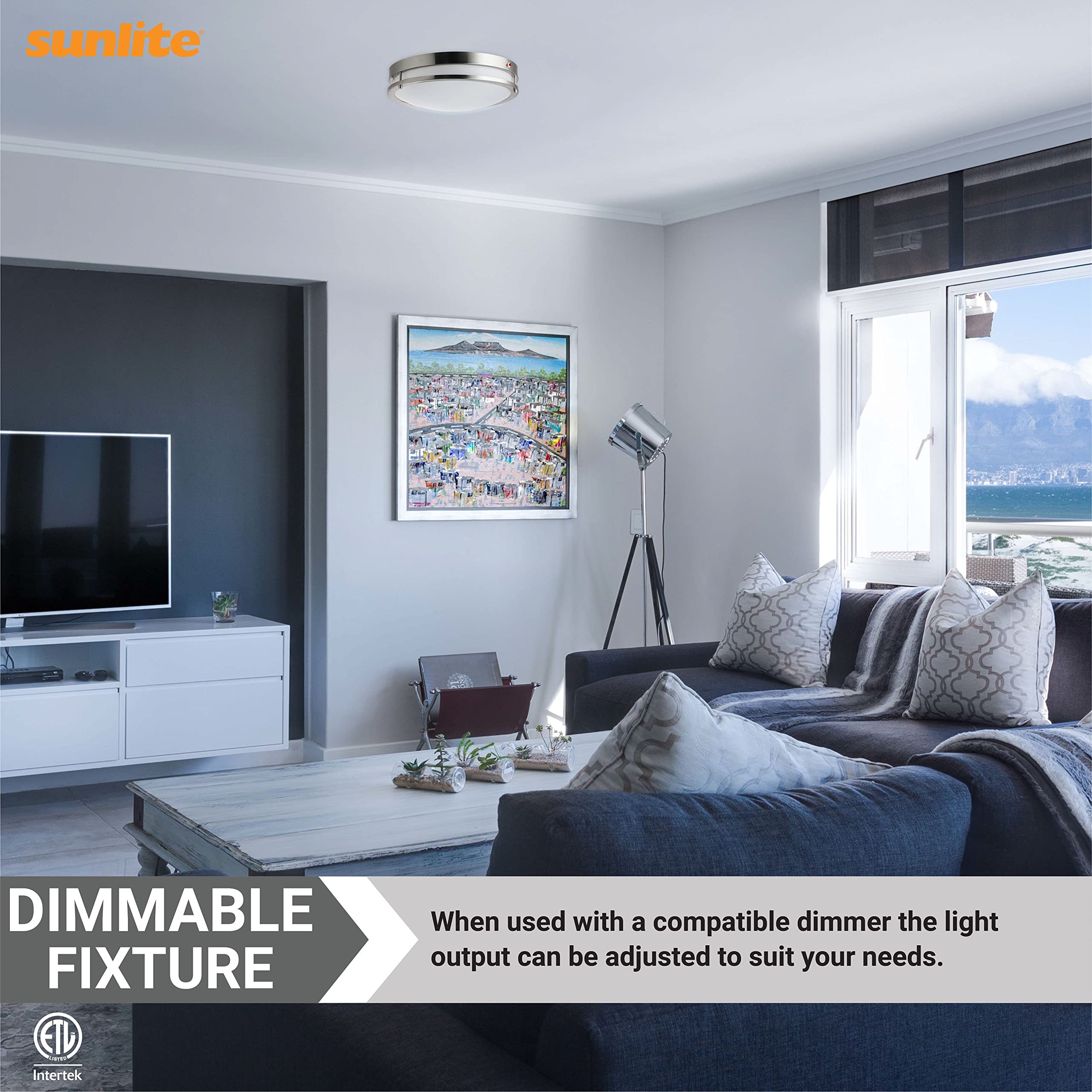 Sunlite 87779 12 Inch LED Ceiling Flush Mount Light with Emergency Battery Backup - 90 Min Runtime, 15W 1050 Lumens, Adjustable 3000K-5000K Color Temperature, Dimmable, 50,000 Hour Lifespan, Brushed Nickel Finish - Perfect for Hallways, Bedrooms & Emergency Lighting