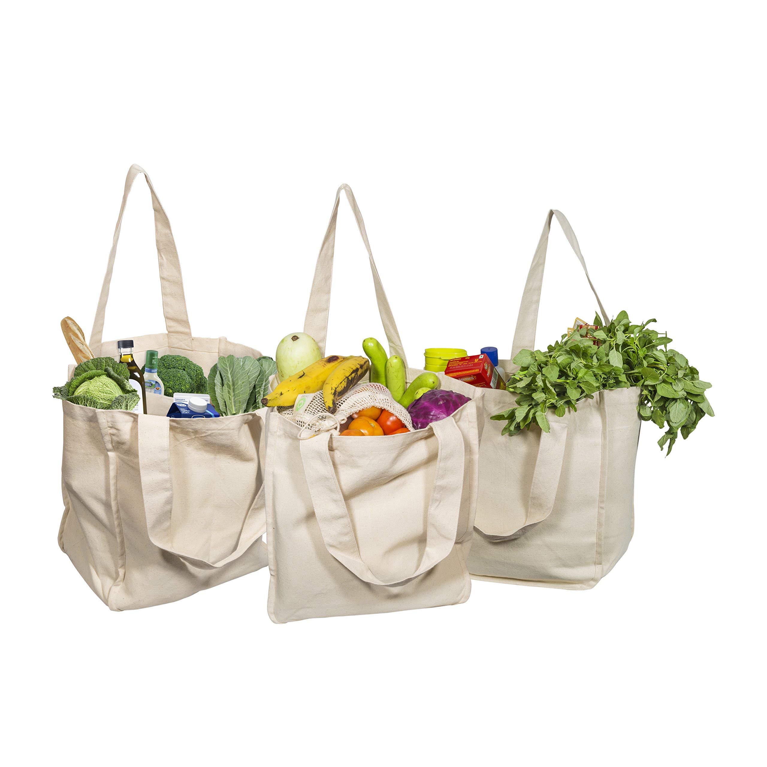 Best Reusable Canvas Grocery Shopping Tote Bags with Handles - Eco-Friendly Organic Cotton Washable Cloth Totes (Set of 3) - Perfect for Farmers Markets, Grocery Shopping & Beach Trips