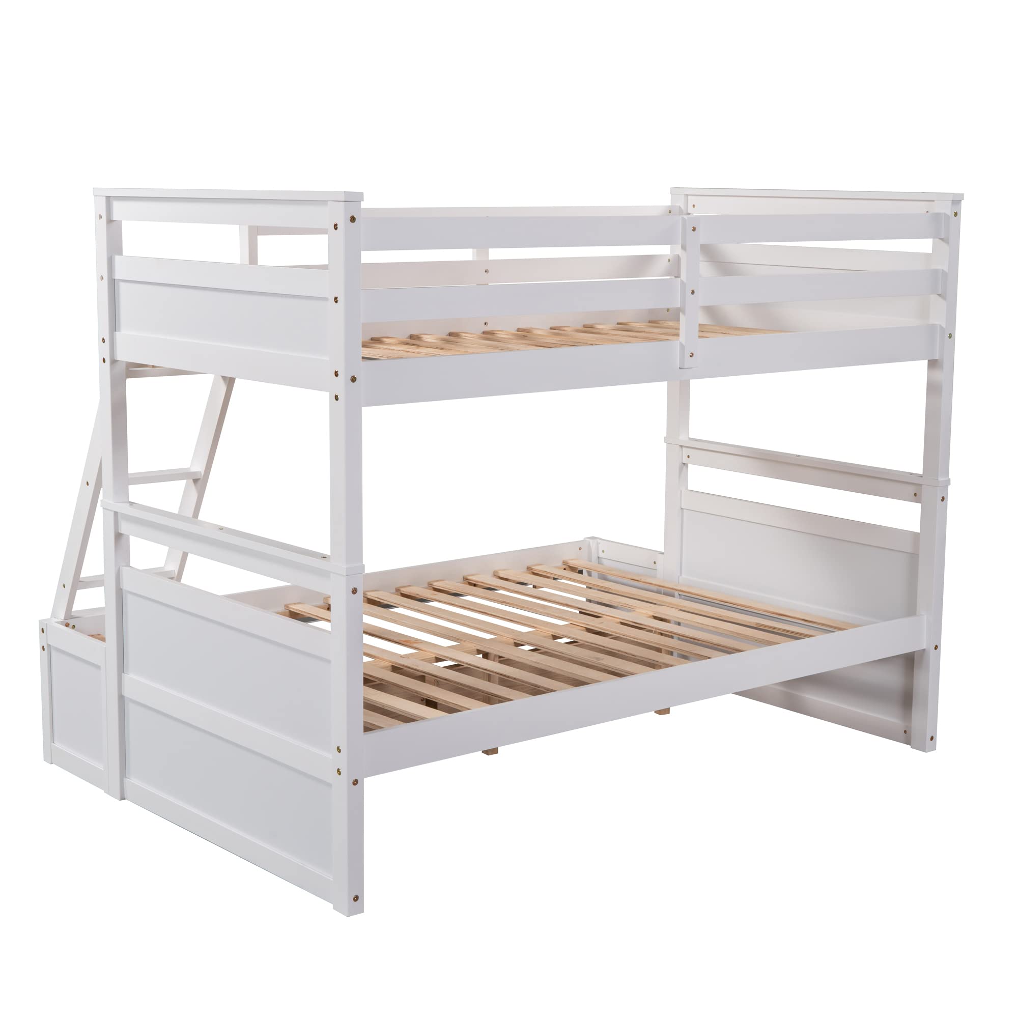 Twin Over Full Bunk Bed with Storage Drawers - Convertible Wooden Bunk Bed Frame for Kids, Teens & Adults - Includes Safety Guardrail & Ladder - Splits into 2 Separate Beds (White) - Perfect for Small Bedrooms, Guest Rooms & Vacation Homes