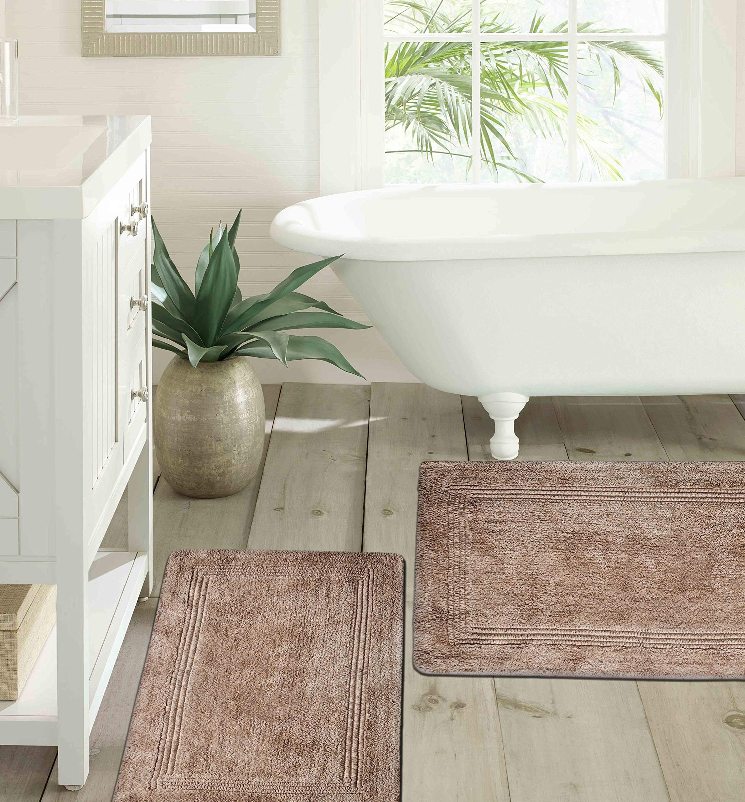 Luxury Reversible Cotton Bath Rug - Soft, Machine Washable & Water Absorbent - Spa, Vanity, Shower, Bathroom, Kitchen & Bedroom Floor Mat - WOVEN ST. Collection (Taupe Lewis, 17