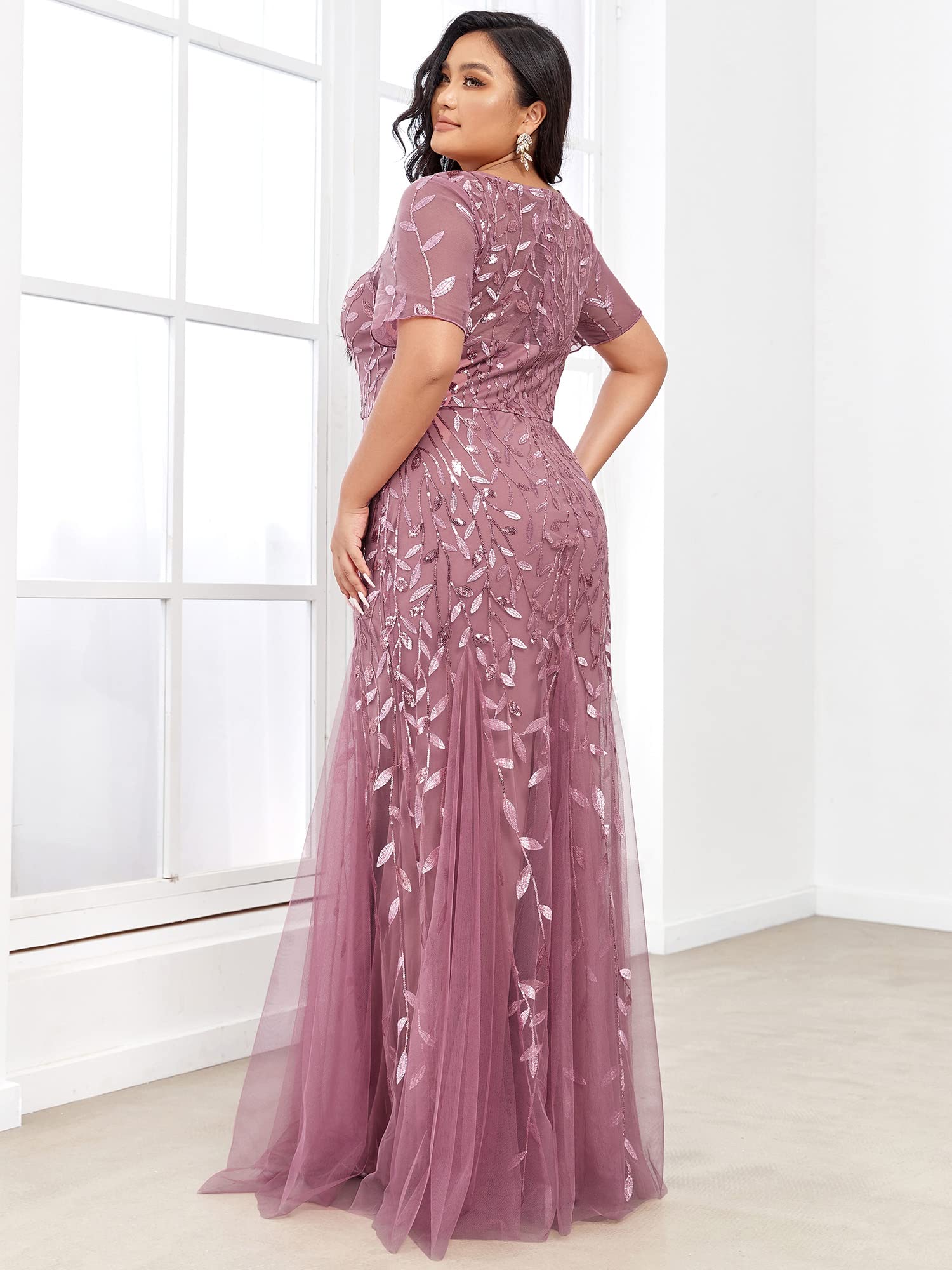 Ever-Pretty Women's Plus Size Embroidery Sequin Short Sleeve Bodycon Maxi Formal Dress 07707-PZUSA - Perfect for Evening Parties, Weddings & Special Occasions