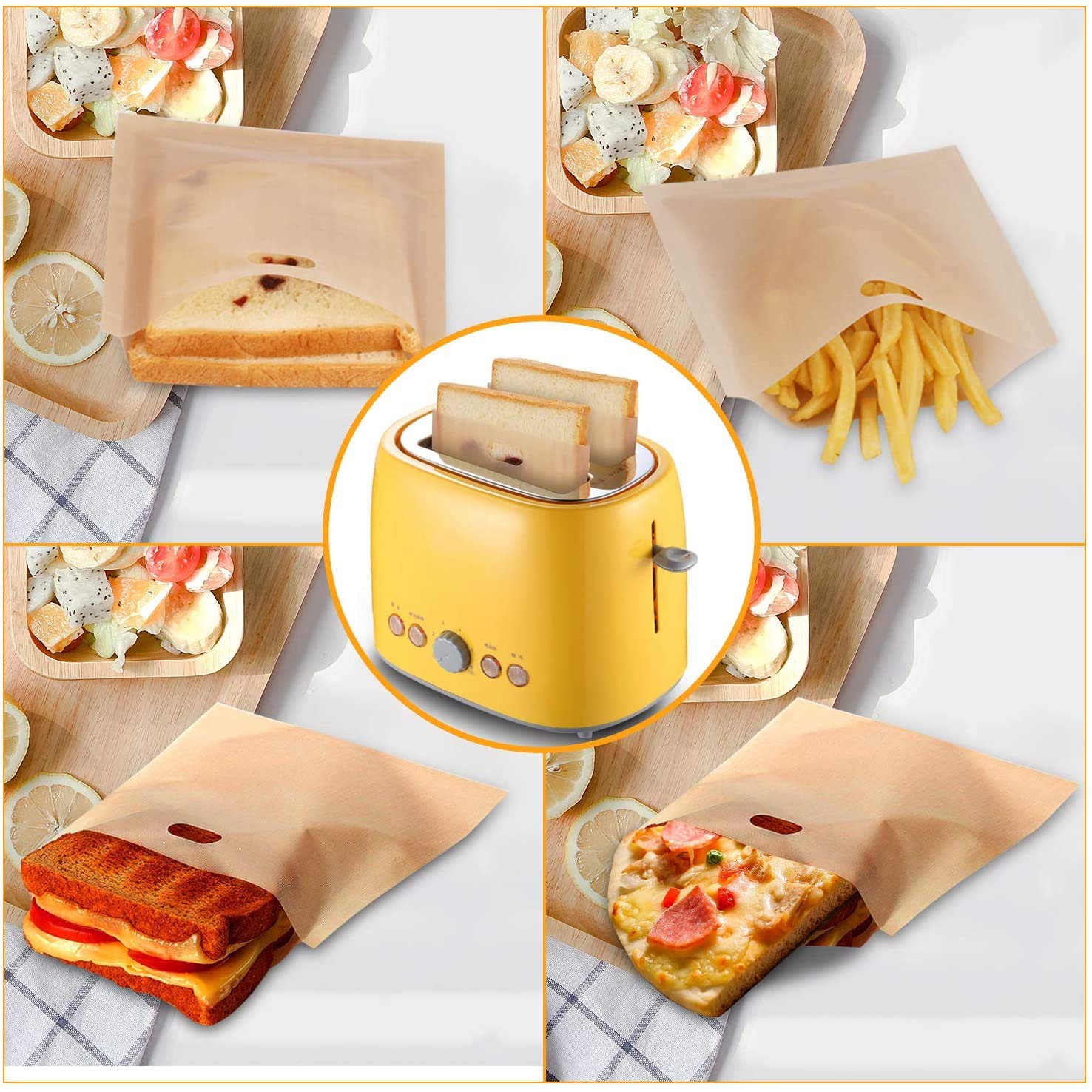 Samshow 10-Pack Non-Stick Heat Resistant Reusable Toaster Sandwich Bags - Gluten Free Oven Safe Pastry Bags for Grilled Cheese, Picnics & Baking (Wood Color) - Perfect for Home, Camping & Outdoor Cooking