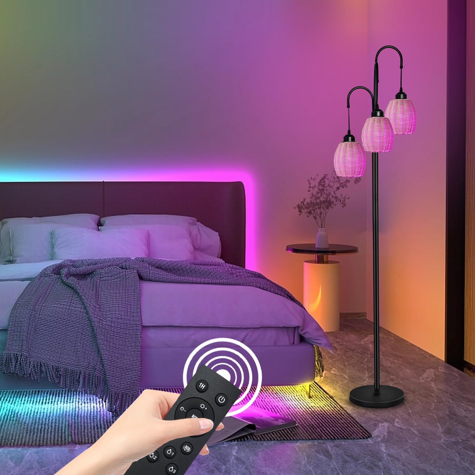 RGB Boho Floor Lamp for Living Room & Bedroom - Dimmable Rattan 3-Light Standing Lamp with App & Remote Control, Includes 3 RGB LED Bulbs | Perfect for Farmhouse Decor, Mood Lighting & Cozy Ambiance