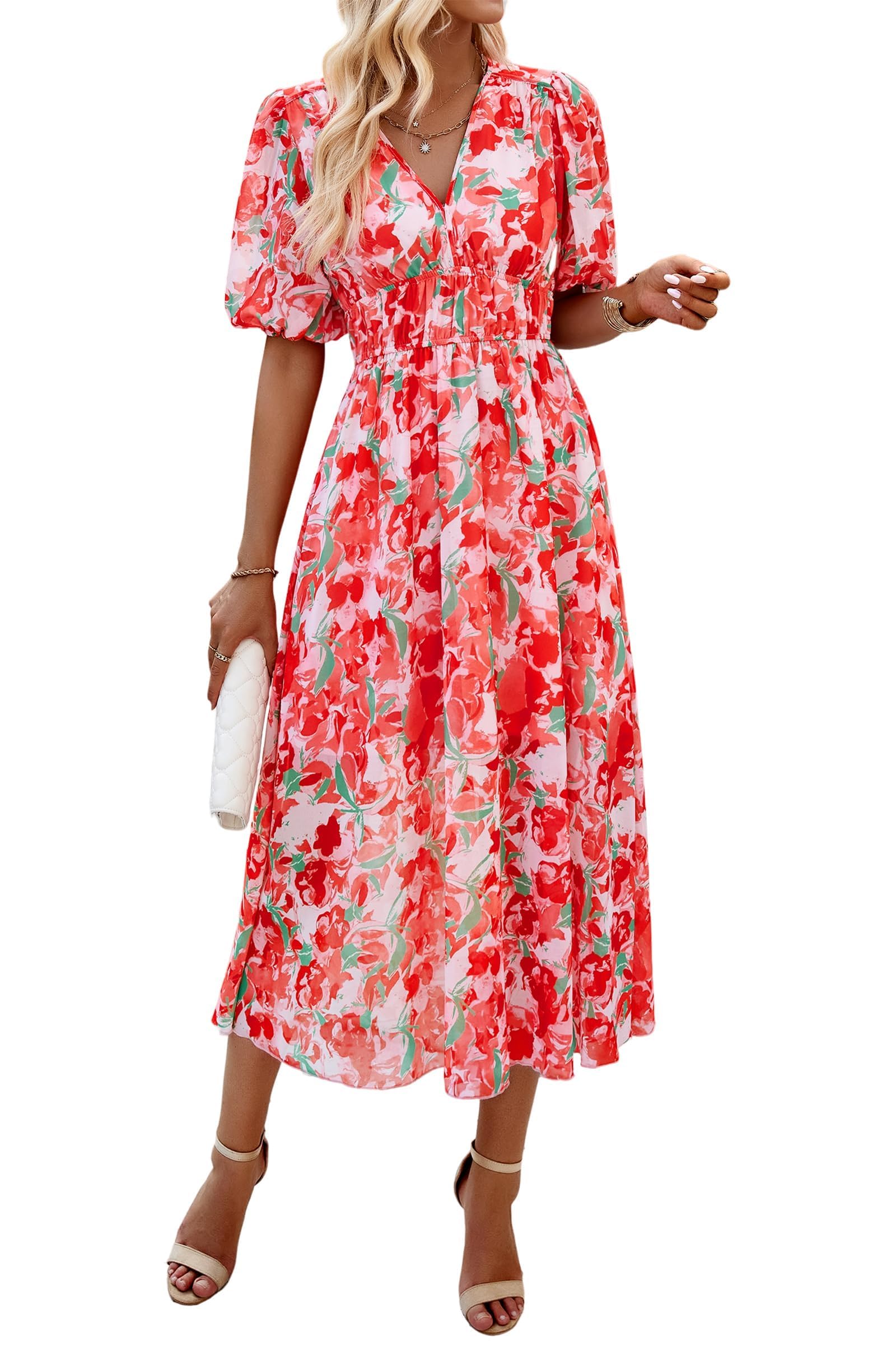 Floral Wrap V-Neck Midi Dress for Women - Short Sleeve Elastic Waist Flowy Summer Dress | Perfect for Beach Vacations, Garden Parties & Casual Outings