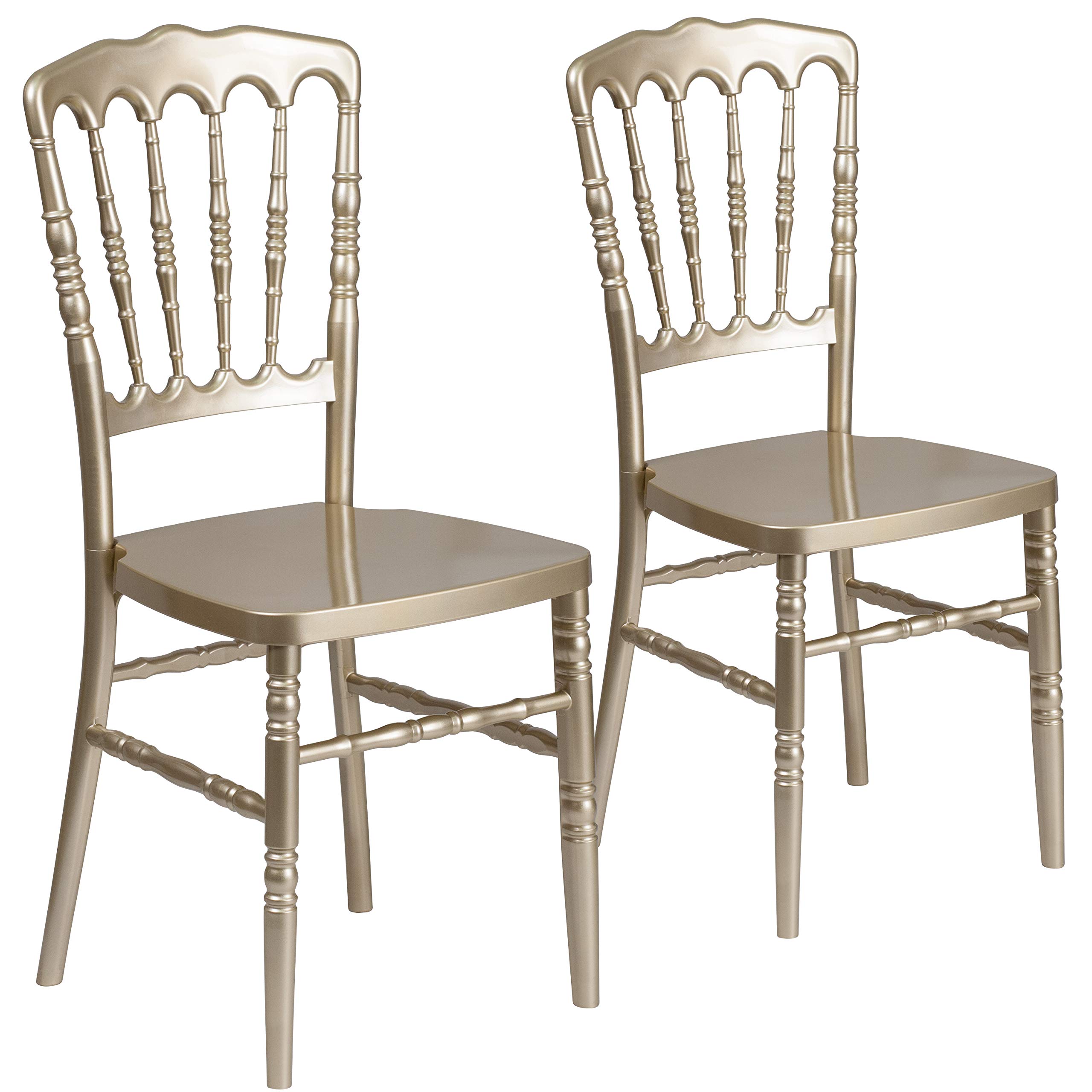 2 Pack Gold Resin Stacking Napoleon Chairs - Elegant Banquet & Event Furniture for Weddings, Parties, and Outdoor Gatherings