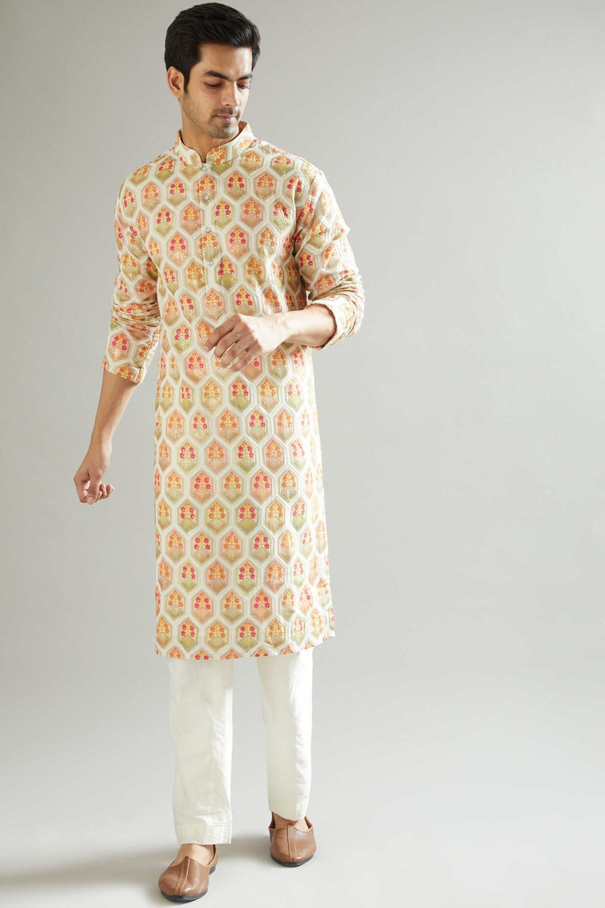 Elegant Nude Kurta with Multi-Colored Embroidery - Women's Boho Chic Embroidered Tunic Top for Casual Wear, Festivals & Special Occasions