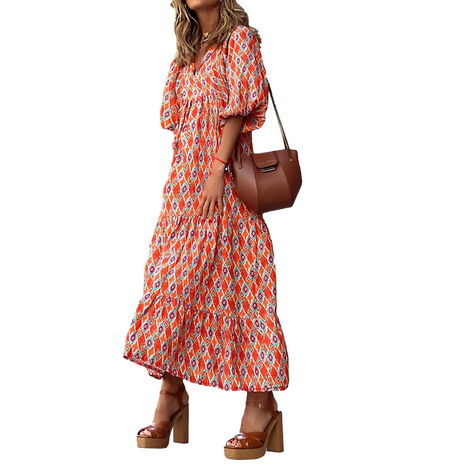 Women's Geometric Print Long Dress - V-Neck Puff Sleeve Loose Maxi Dress for Spring & Summer | Casual Wear, Beach Cover Up, Party Outfit