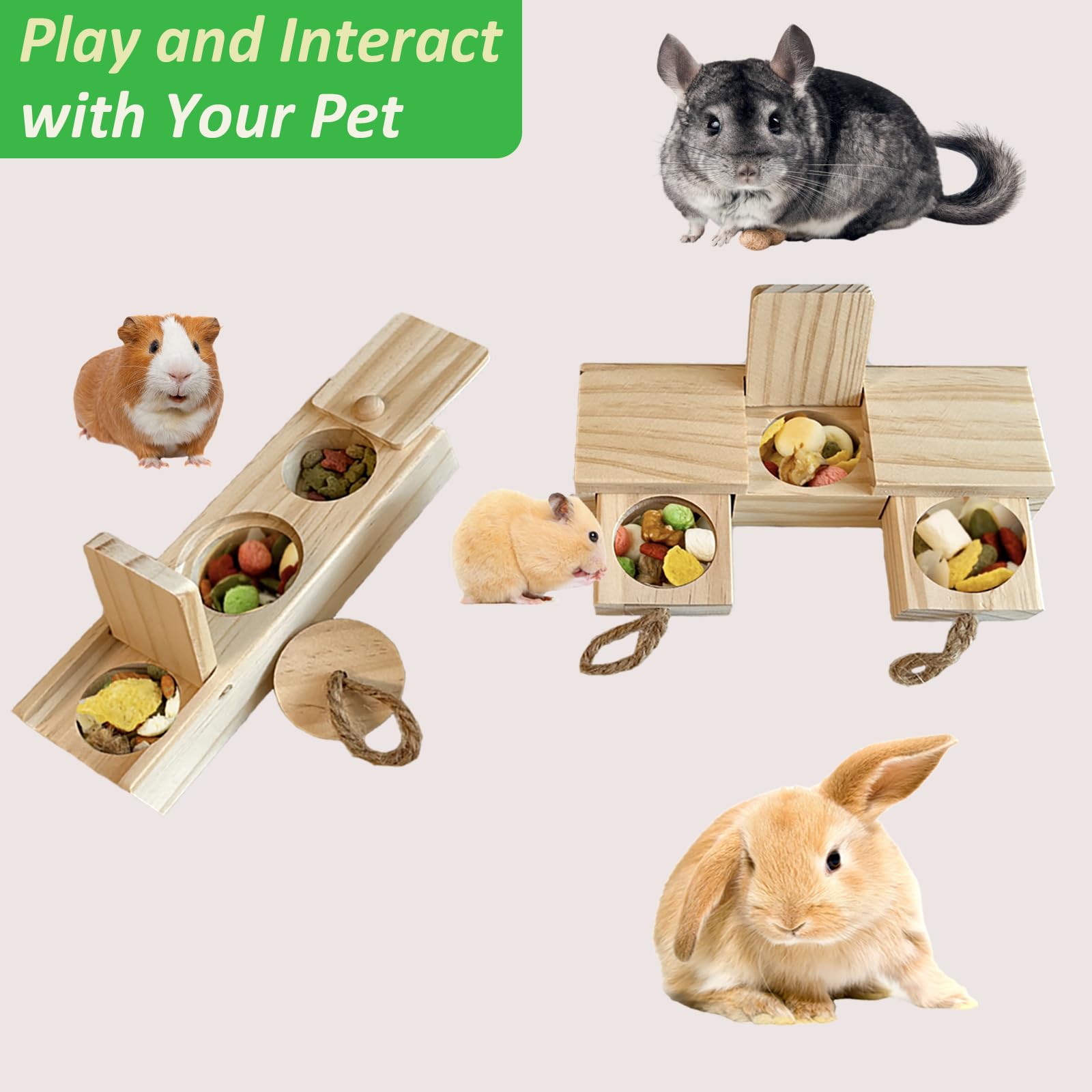 Wooden Guinea Pig Toys & Rabbit Chew Toys - 2 Pack Small Animal Enrichment Foraging Games for Hamsters, Chinchillas, Squirrels, Hedgehogs | Interactive Hide & Seek Treat Toys for Mental Stimulation & Natural Instincts - Perfect for Cage Entertainment & Training