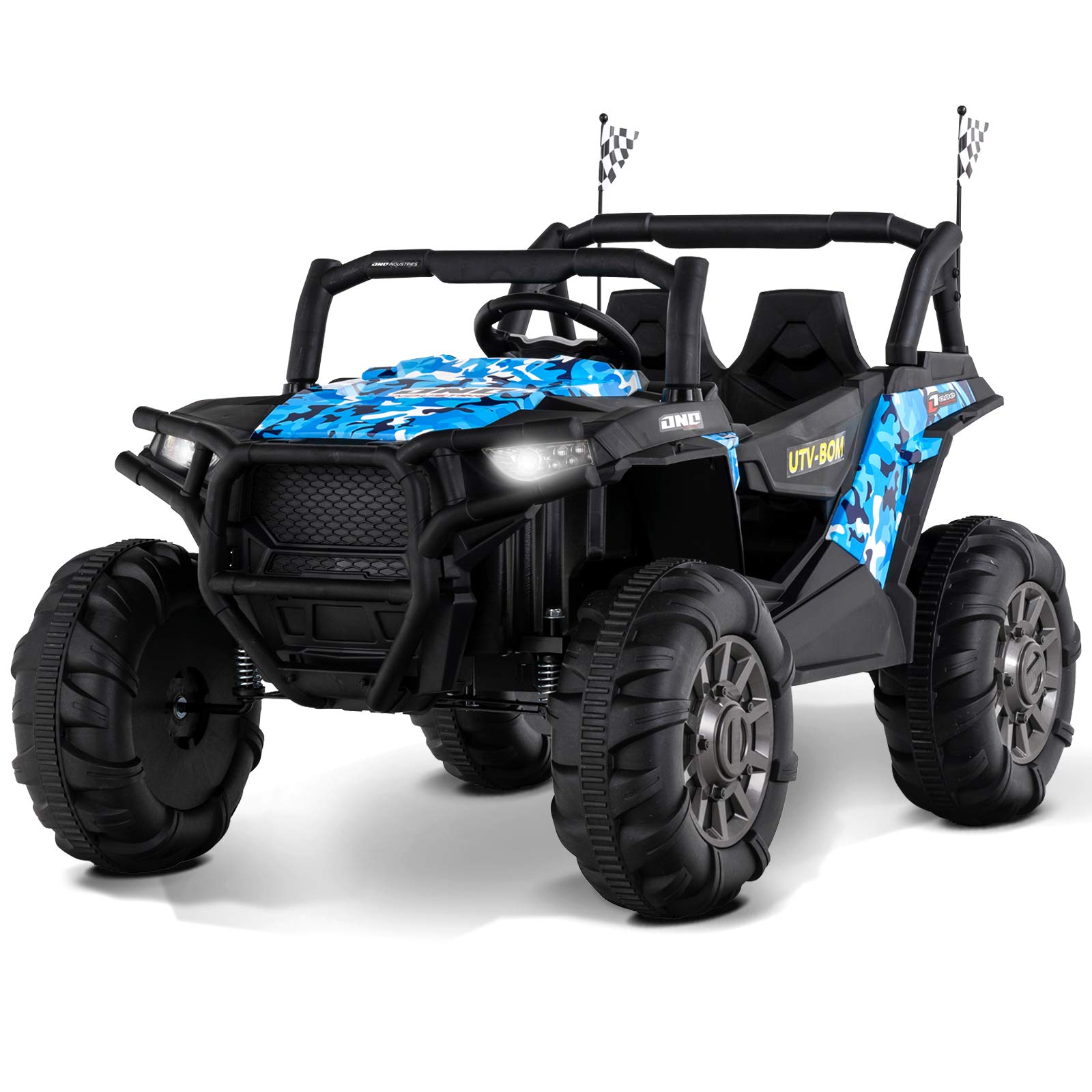 Uenjoy 12V Electric Ride On Car for Kids - Realistic Off-Road UTV Truck with Remote Control, Music, LED Lights & 3 Speed Settings | Spring Suspension Two-Seater Motorized Vehicle for Boys & Girls | Perfect for Outdoor Play, Birthday Gifts & Backyard Adventures (Blue)