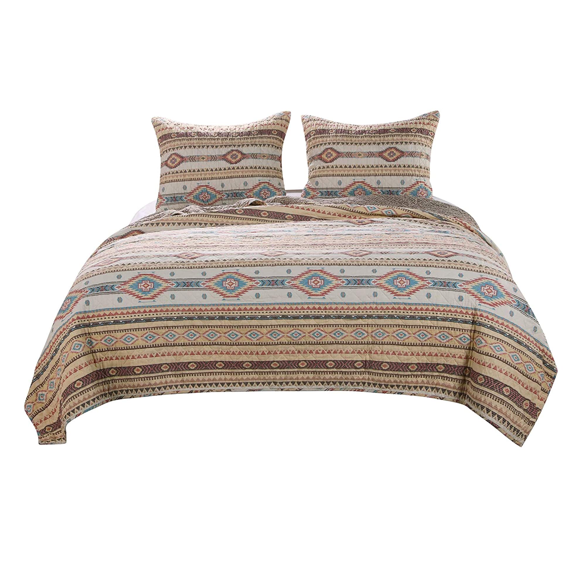 Benjara Full Size 3 Piece Polyester Quilt Set - Vibrant Kilim Pattern Bedding Collection | Perfect for Guest Rooms, Master Bedrooms & Bohemian Home Decor