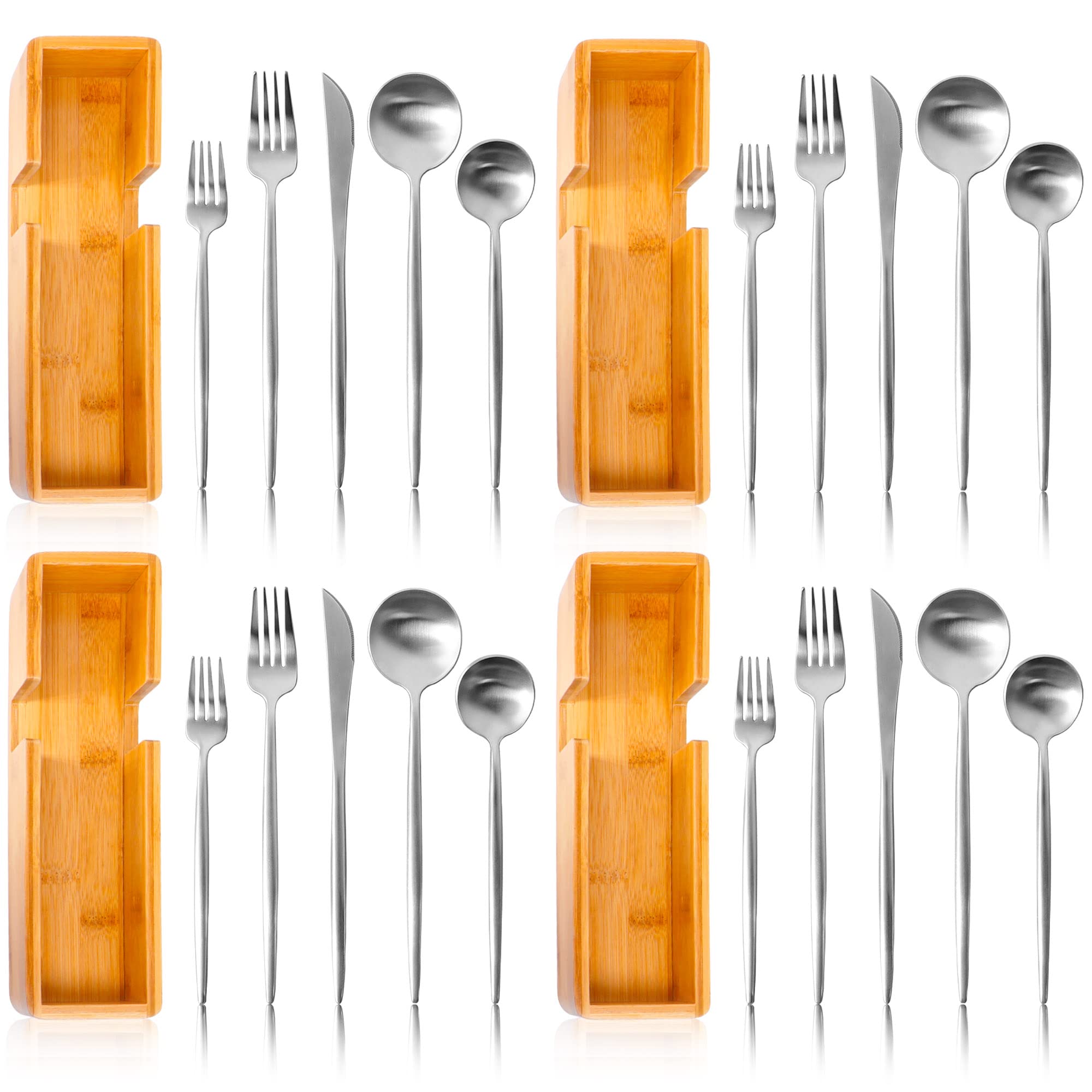 KYONANO 20-Piece Matte Silverware Set - Stainless Steel Flatware Set with Satin Finish & Bamboo Organizer - Service for 4 - Durable Kitchen Utensils & Tableware Cutlery for Home, Restaurant, Dinner Party & Wedding Events