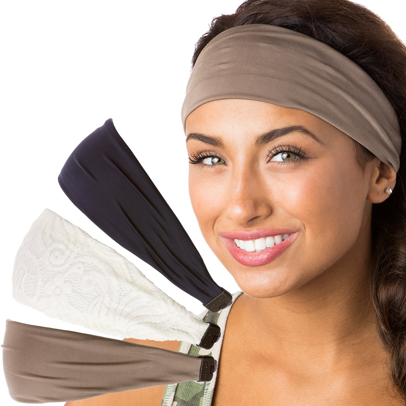 Hipsy Adjustable & Stretchy Lace Xflex Wide Headbands for Women, Girls & Teens - 3 Pack (Ivory, Navy, Taupe) - Perfect for Sports, Workouts, Yoga, and Everyday Fashion Accessories