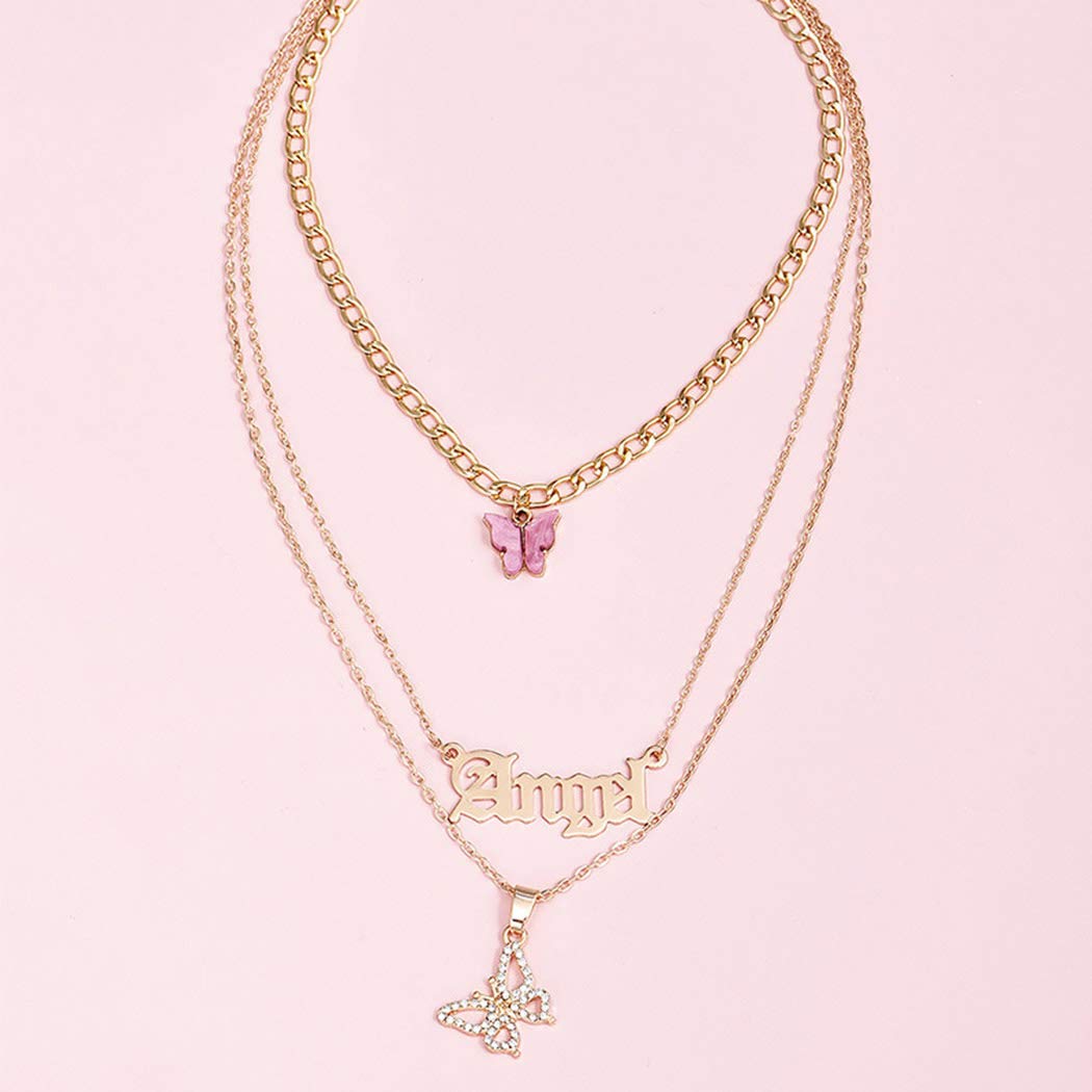 Punk Layered Butterfly Pendant Necklace - Gold Initial Choker with Letter Chain - Gothic Jewelry for Women & Men (Angel) - Perfect for Concerts, Parties & Alternative Fashion