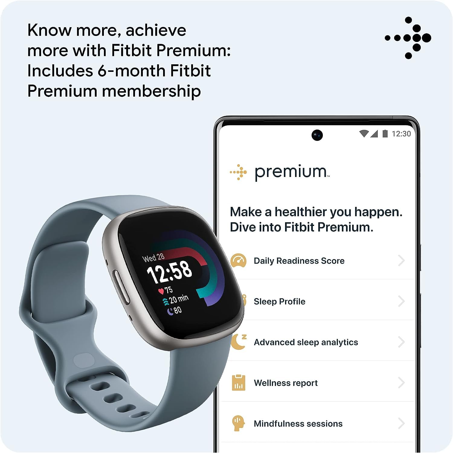 Fitbit Versa 4 Smartwatch with GPS, Heart Rate Monitor & 40+ Exercise Modes - Waterfall Blue/Platinum Bundle (Includes Cleaning Cloth & Charger) | Fitness Tracker for Running, Swimming, Cycling & Sleep Tracking | Ideal for Men & Women Active Lifestyles & Workouts