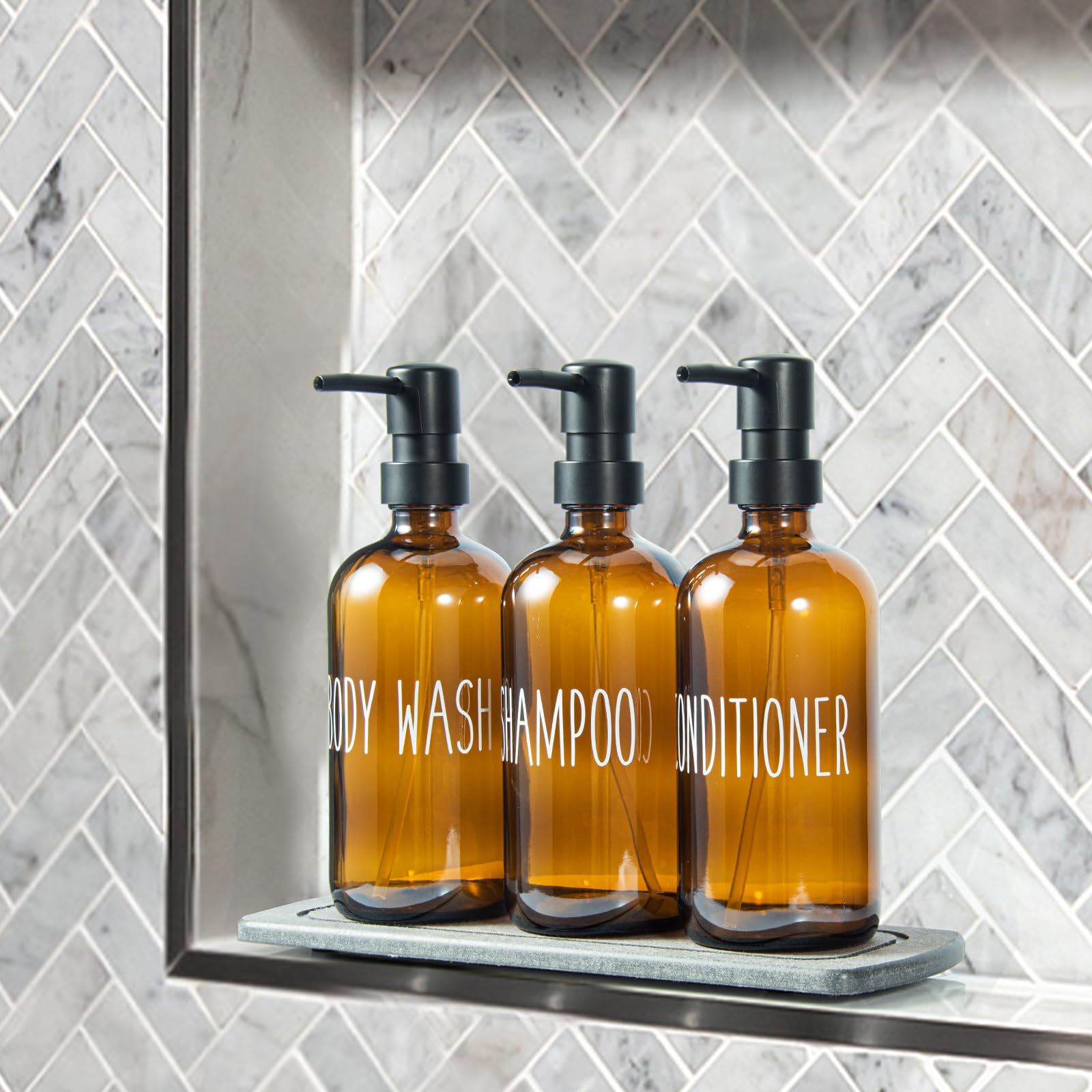 Premium Glass Shampoo & Conditioner Dispenser Set with Diatomite Tray - Refillable Pump Bottles for Body Wash & Liquid Soap | Elegant Bathroom Countertop Organizer for Shower, Spa & Home Decor