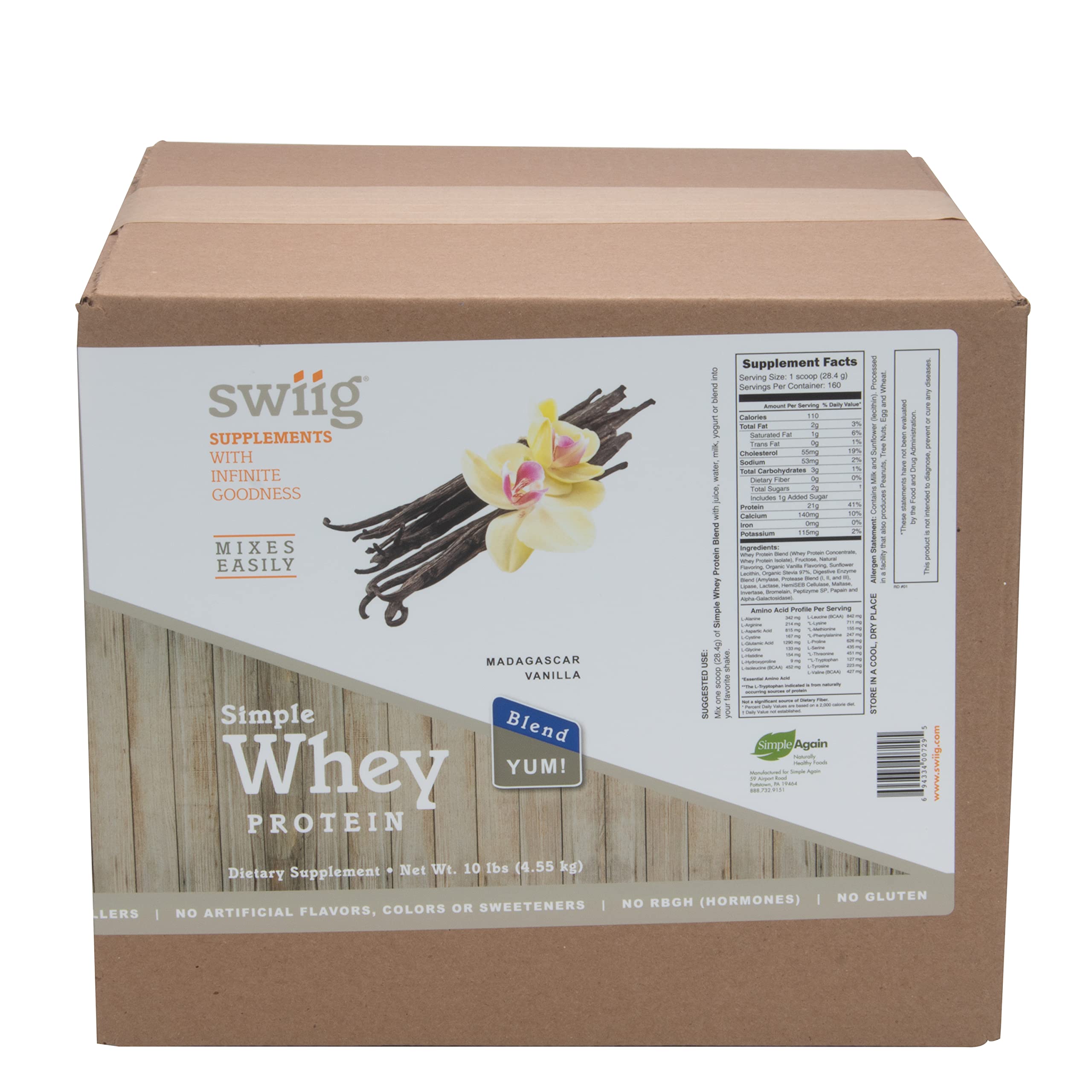 Swiig Simple Whey Blend - Vanilla Whey Protein Powder, No Sugar Added, Non-GMO, Gluten-Free, No Artificial Flavors, Colors or Sweeteners, No Fillers, No RBGH (Hormones), 10 Pound (Bag in a Box) - Perfect for Post-Workout Recovery, Muscle Building & Healthy Smoothies