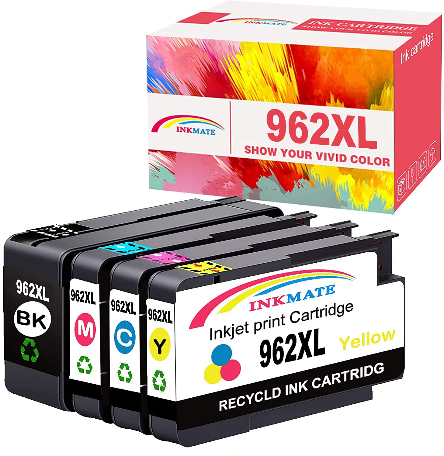 INKMATE Remanufactured 962XL Ink Cartridges Combo Pack (1 Black, 1 Cyan, 1 Magenta, 1 Yellow) - Compatible with HP Officejet Pro 9010 9015 9018 9020 9025 Printers - High-Quality Replacement for HP 962/962XL Ink - Perfect for Home Office Printing & School Projects