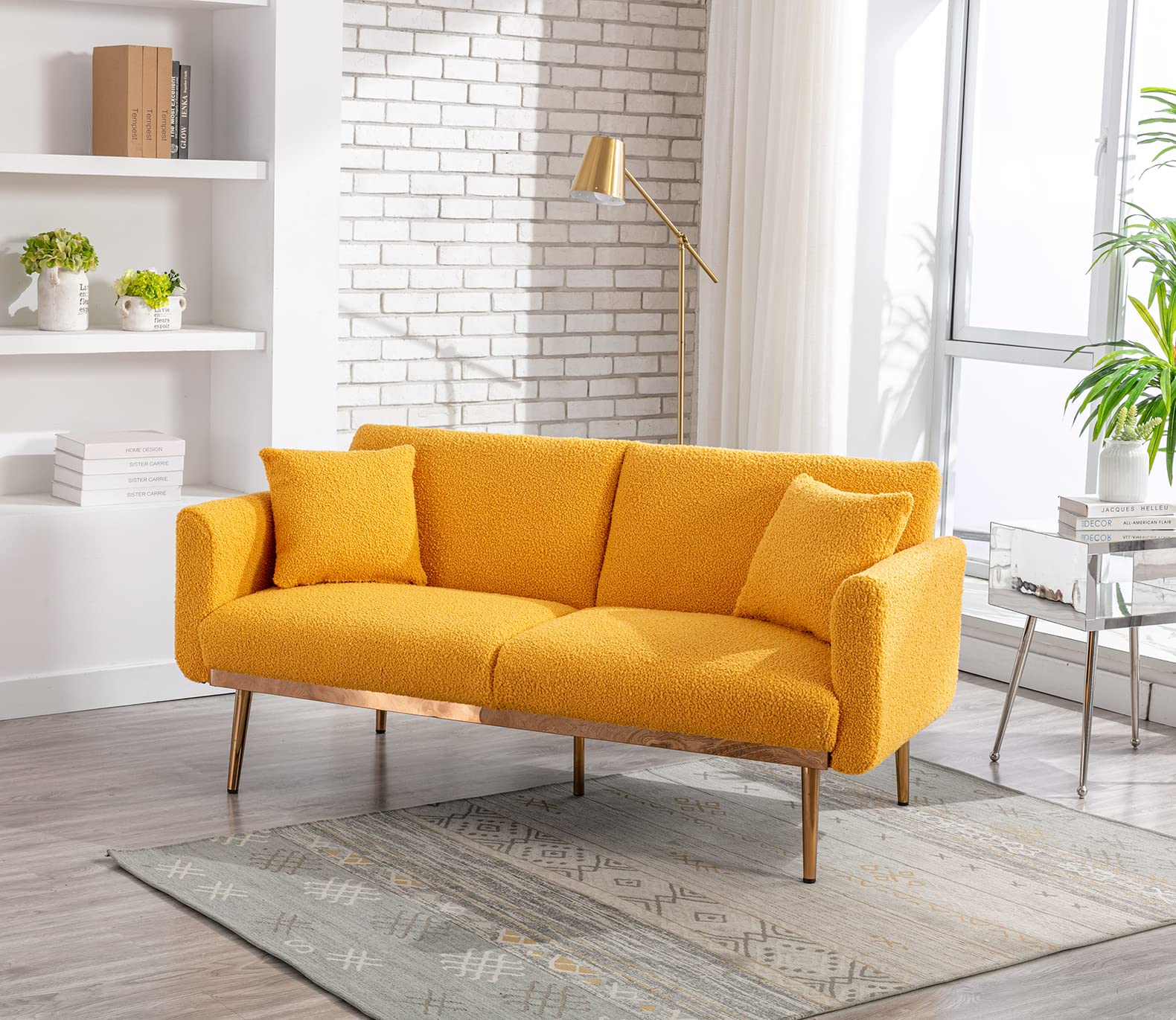 Antetek 3-Position Adjustable Futon Sofa Bed - Modern Convertible Loveseat Sleeper with 5 Metal Tapered Legs & 2 Decorative Pillows, Mustard Teddy Fabric - Perfect for Small Apartments, Guest Rooms & Home Offices