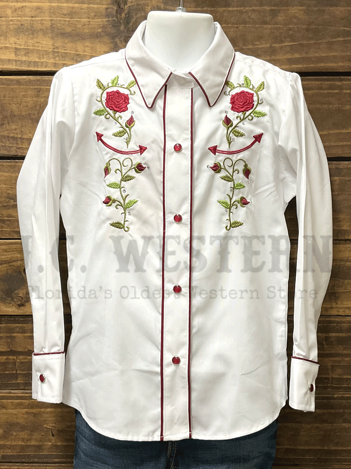 Rangers 011NA01 Western Style Long Sleeve Embroidered Shirt for Girls - White | Perfect for Rodeo, Country Music Festivals & Western Fashion
