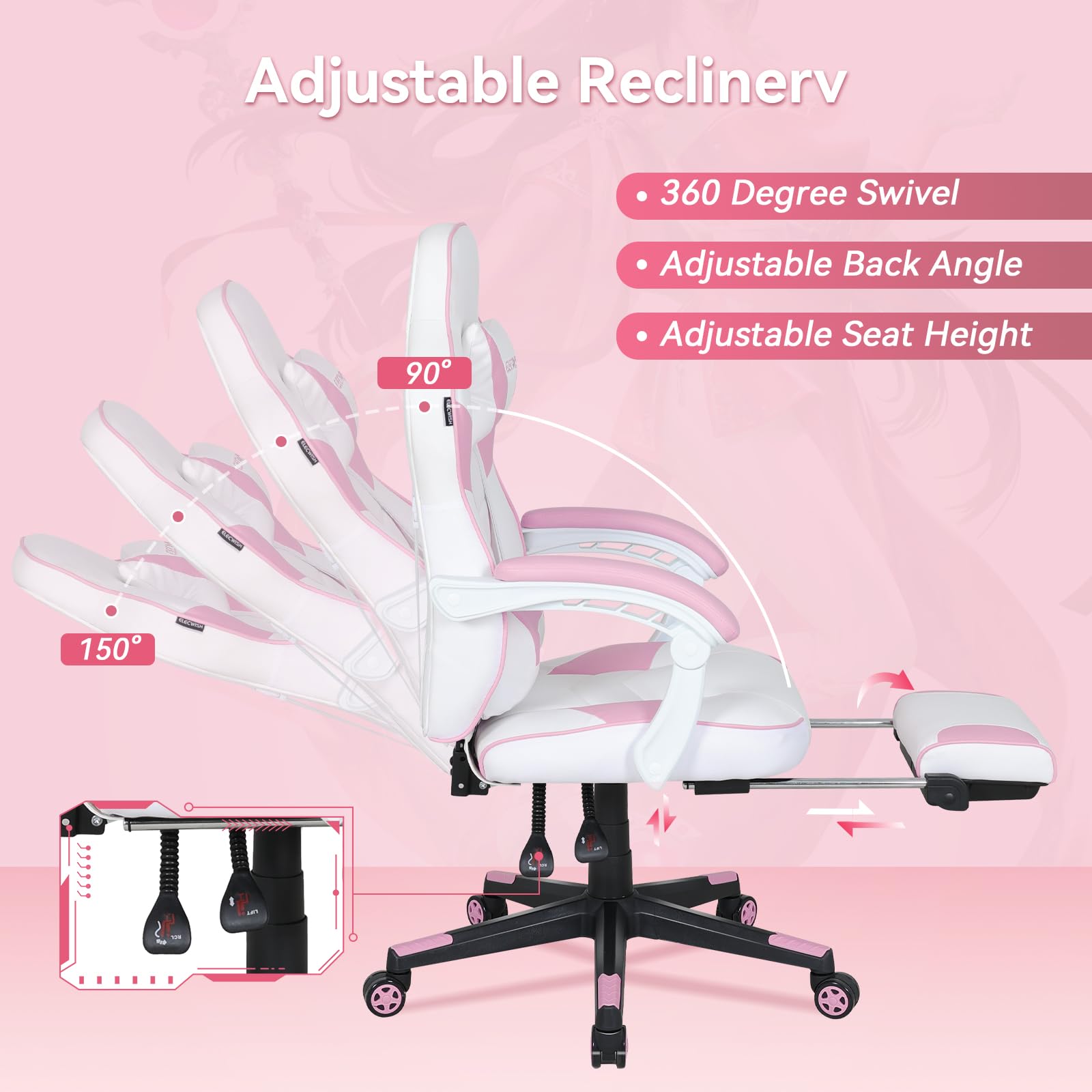 Pink Gaming Chair with Massager & Footrest - Ergonomic High Back Racing Style Computer Chair for Adults, PU Leather with Lumbar Support & Widened Seat - Perfect for Gaming, Office Work & Home Relaxation (Pink)