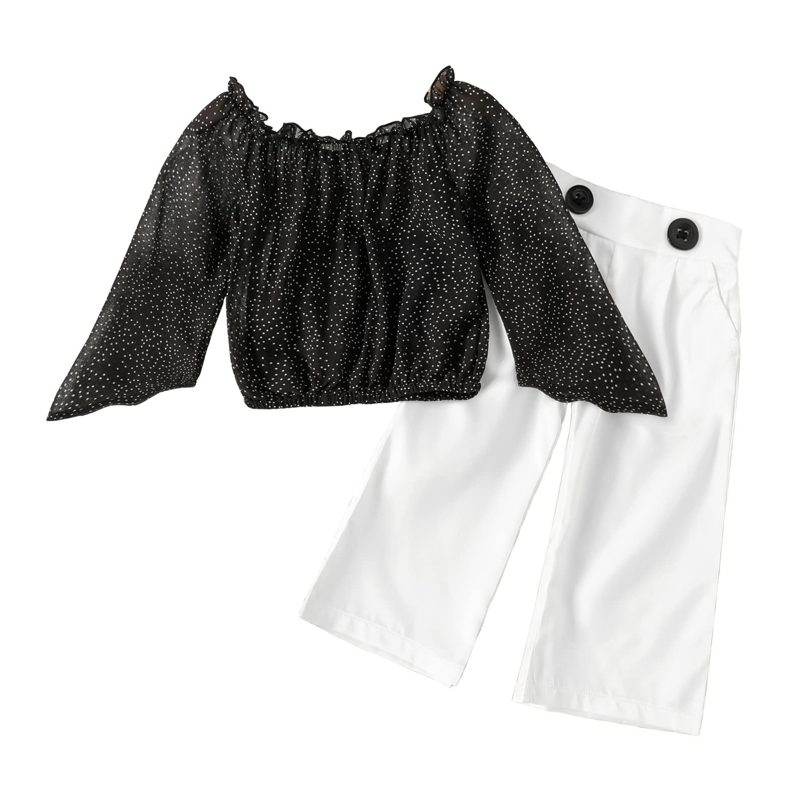 Toddler Girls Long Sleeve Chiffon Dot Off Shoulder Top & Pants Outfit Set - Cute Baby Clothes for 1-3 Year Olds - Perfect for Birthday Parties, Photo Shoots & Special Occasions