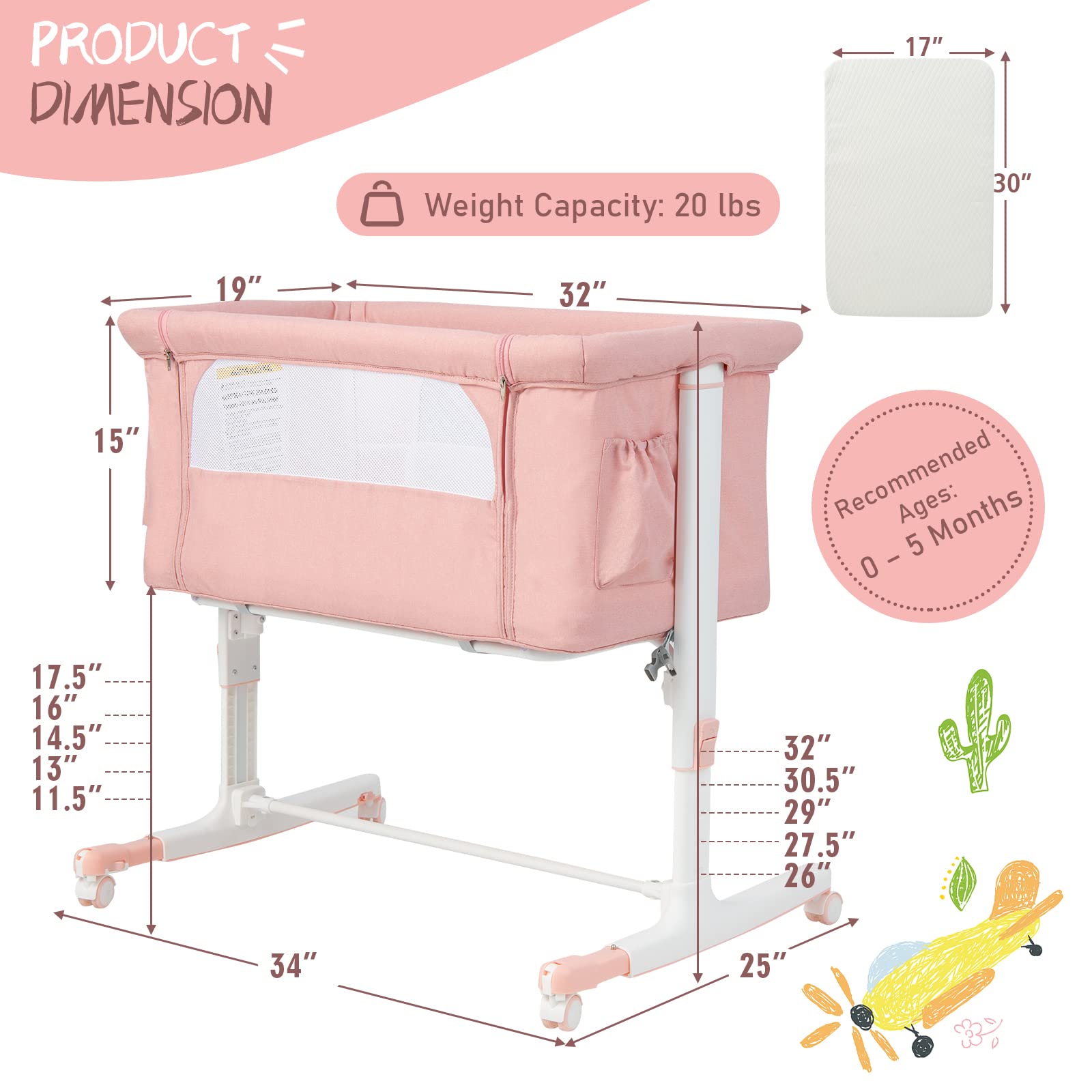 HONEY JOY 3-in-1 Portable Baby Bassinet Bedside Sleeper - Adjustable Height Folding Crib with Wheels, Mattress & Carry Bag for Newborns & Infants (Pink) | Perfect for Nursery, Bedside Co-Sleeping & Travel