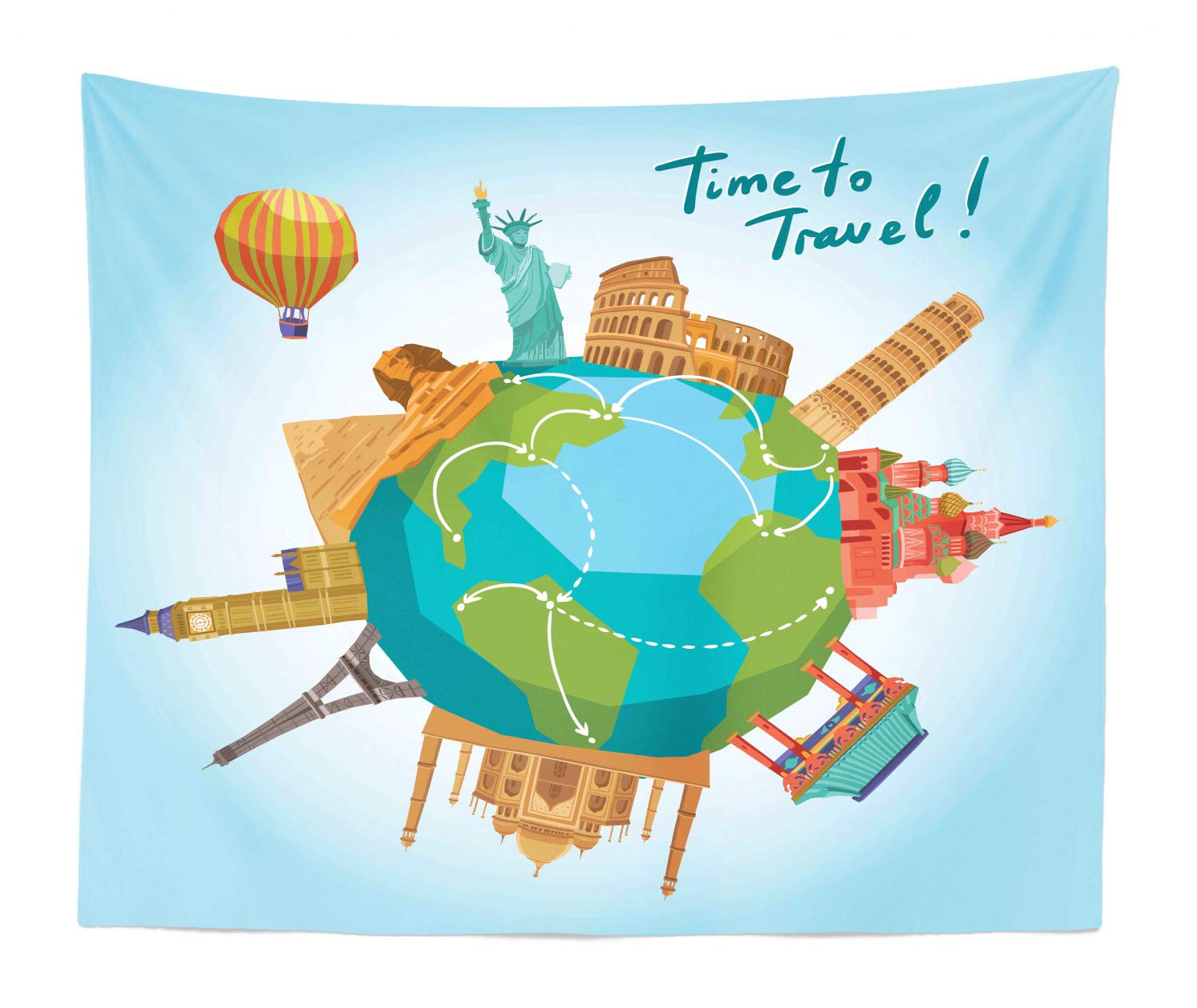Ambesonne King Size Travel Tapestry - World Landmarks & Hot Air Balloon Design - 104x88 Inch Wall Hanging, Bedspread, Home Decor - Perfect for Bedroom, Dorm, or Living Room Wall Art
