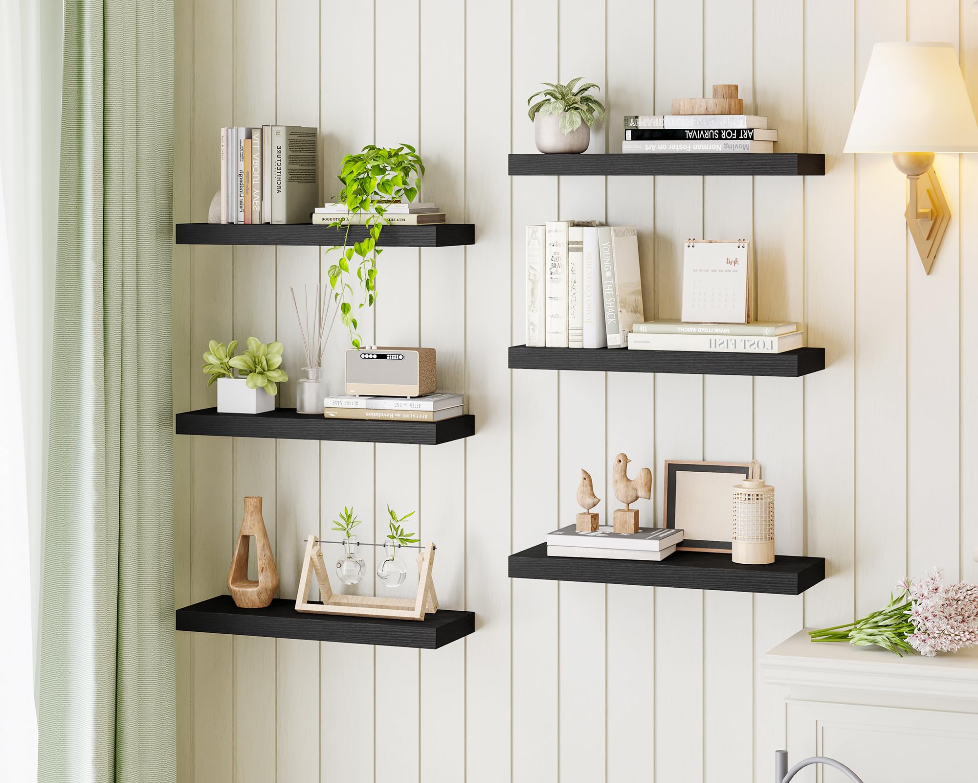 Fixwal 15.8 Inch Black Floating Shelves - Set of 6 Wood Wall Shelves for Farmhouse Decor - Perfect for Bathroom, Bedroom, Living Room & Kitchen Organization and Display